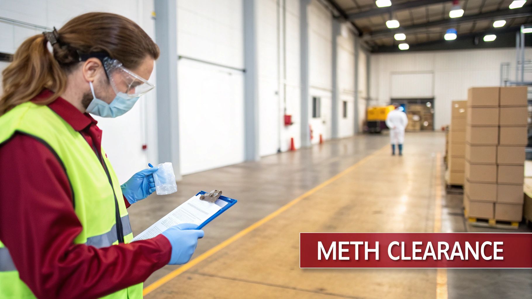 An occupational hygienist in safety gear conducts testing in a warehouse for meth clearance.