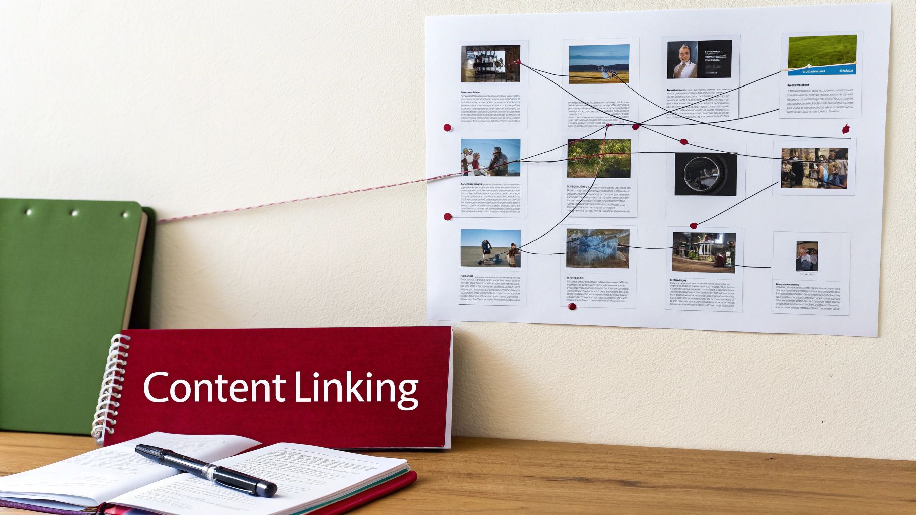 A desk setup featuring a 'Content Linking' binder and a wall board with interconnected content pieces.