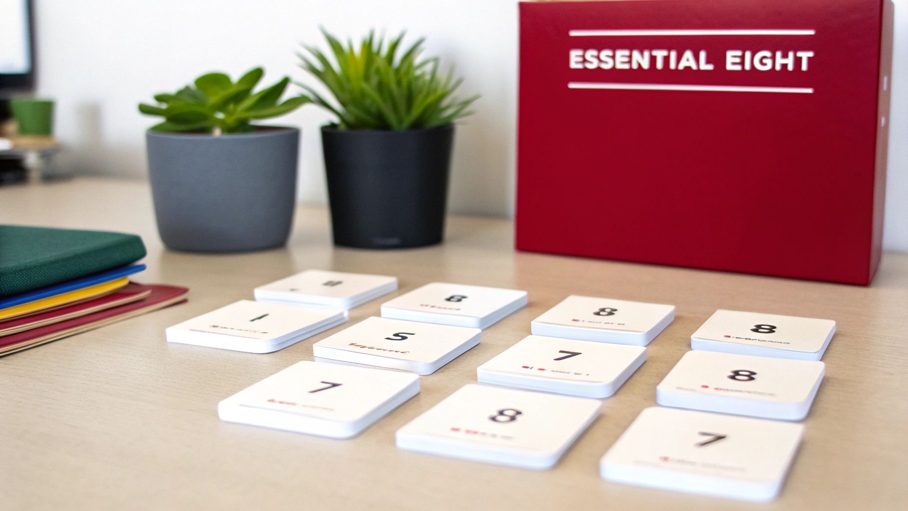 A red box labeled 'Essential Eight', cards with numbers, notebooks, and plants on a wooden table.