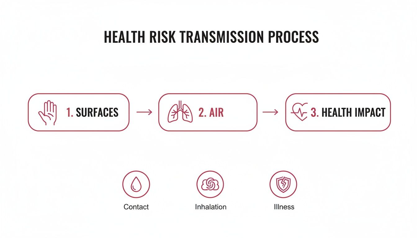 A health risk transmission process flowchart showing surfaces to air to health impact, with contact, inhalation, and illness icons.
