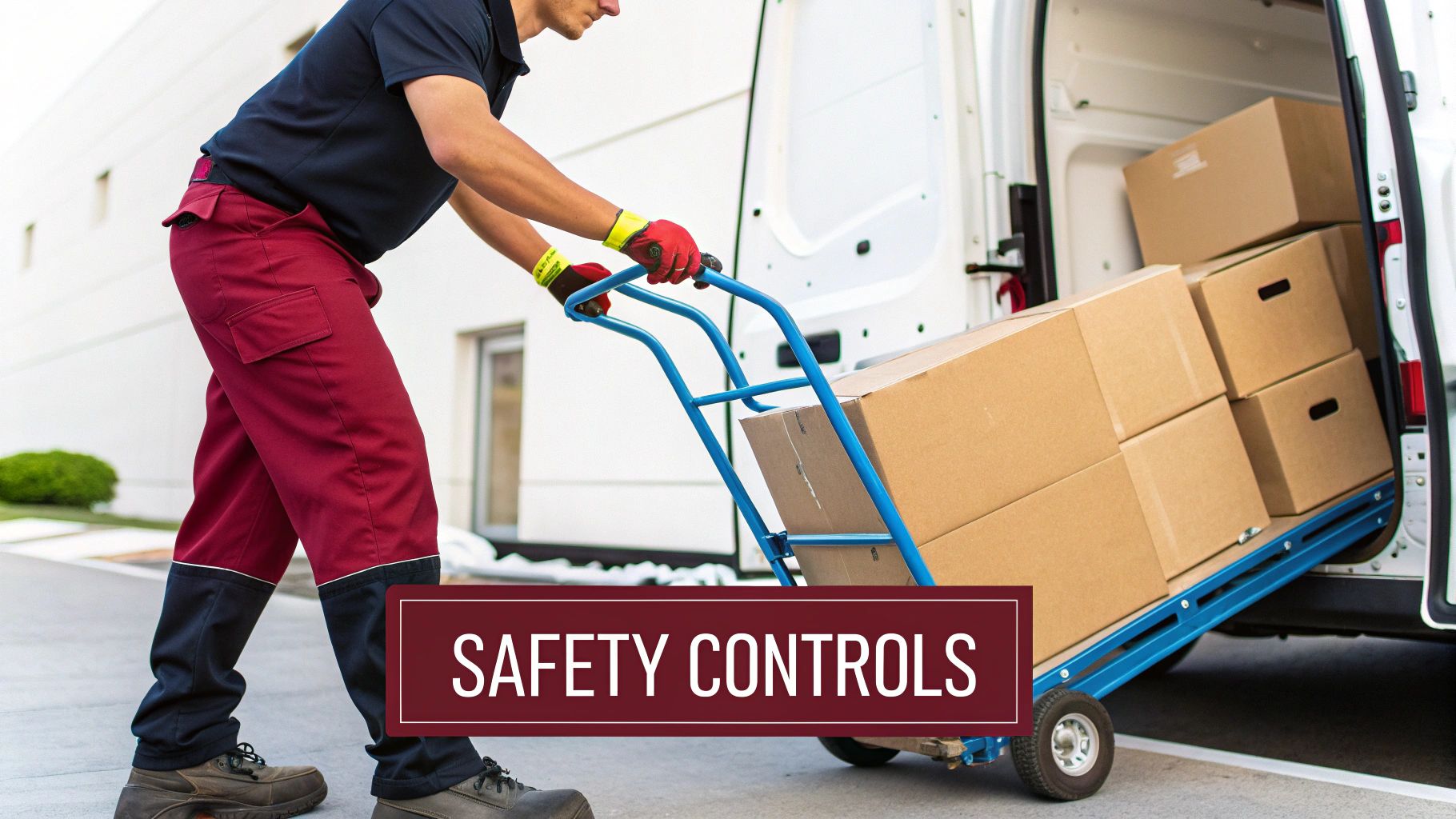 A delivery worker in safety gloves uses a hand truck to move stacked cardboard boxes from a white van.
