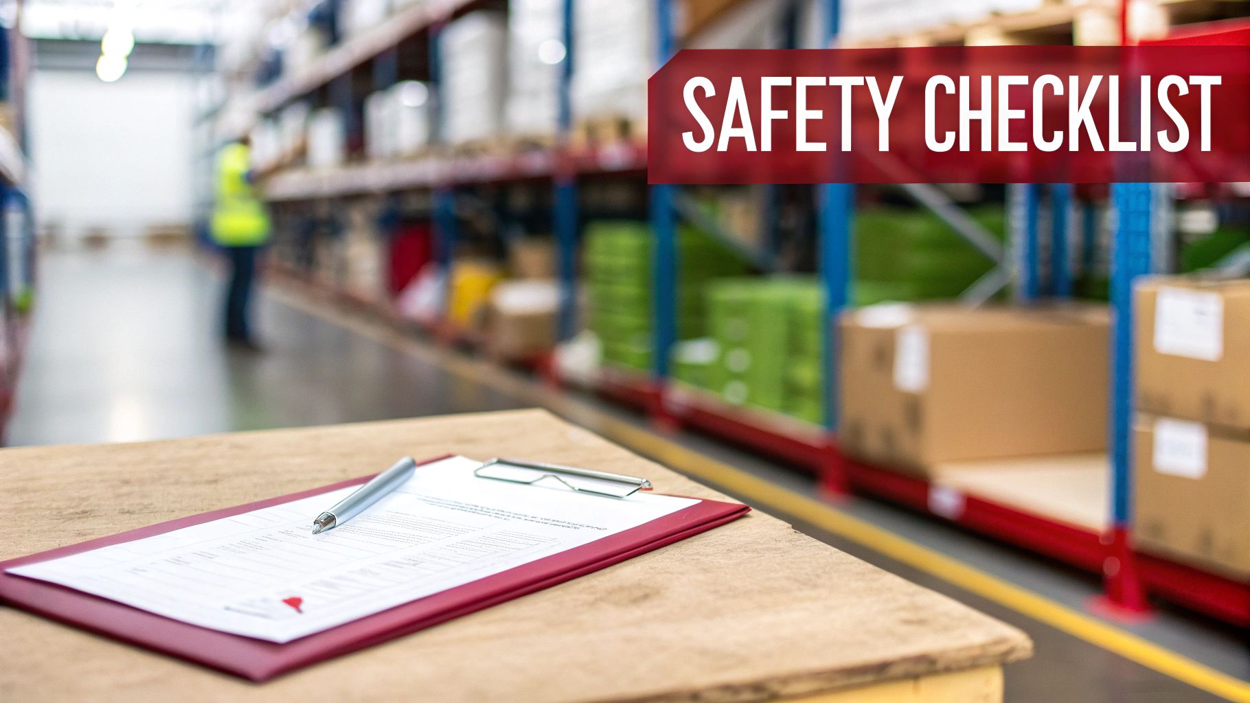 A safety checklist document and pen on a clipboard in a warehouse with a worker and storage shelves.