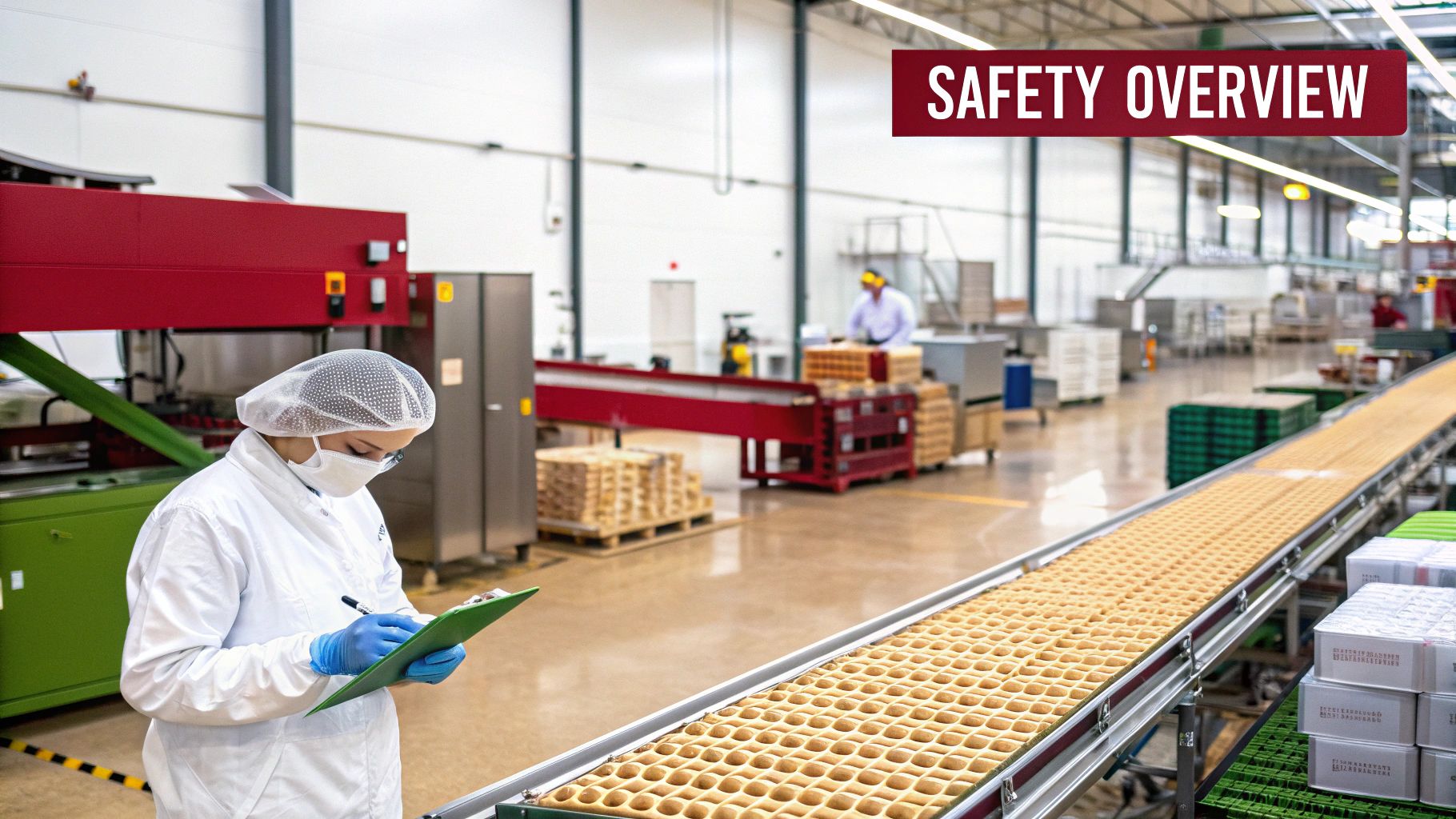 Worker in PPE inspecting a clipboard next to a long conveyor belt in a bustling food production factory.
