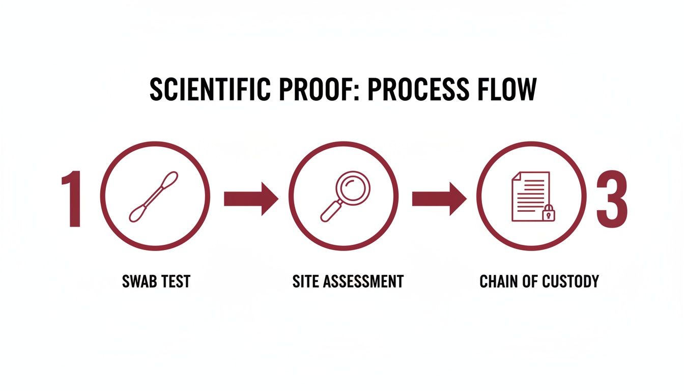 A three-step scientific proof process flow: swab test, site assessment, and chain of custody.