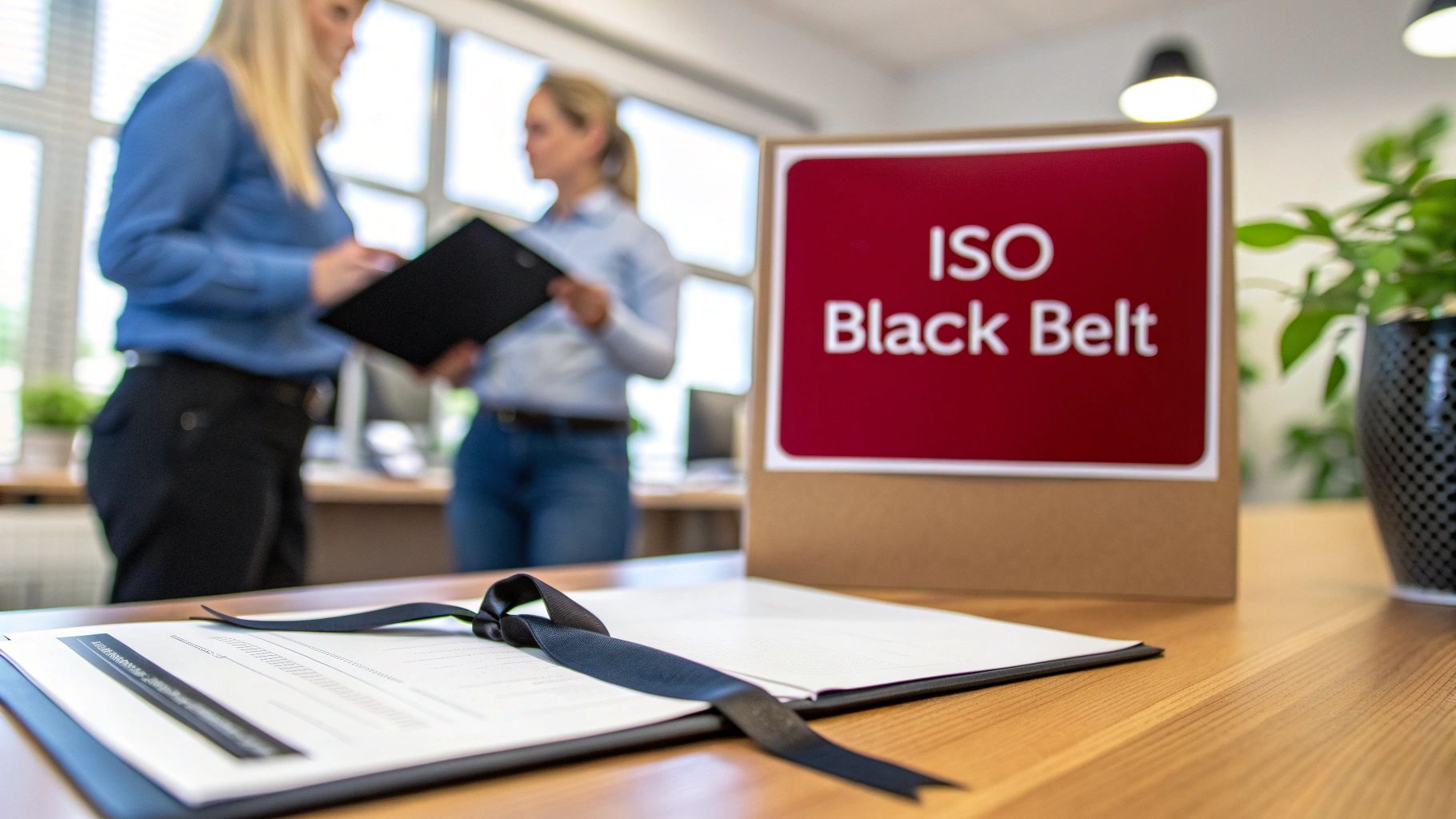 An 'ISO Black Belt' sign and a certificate with a black ribbon on a wooden table in an office.