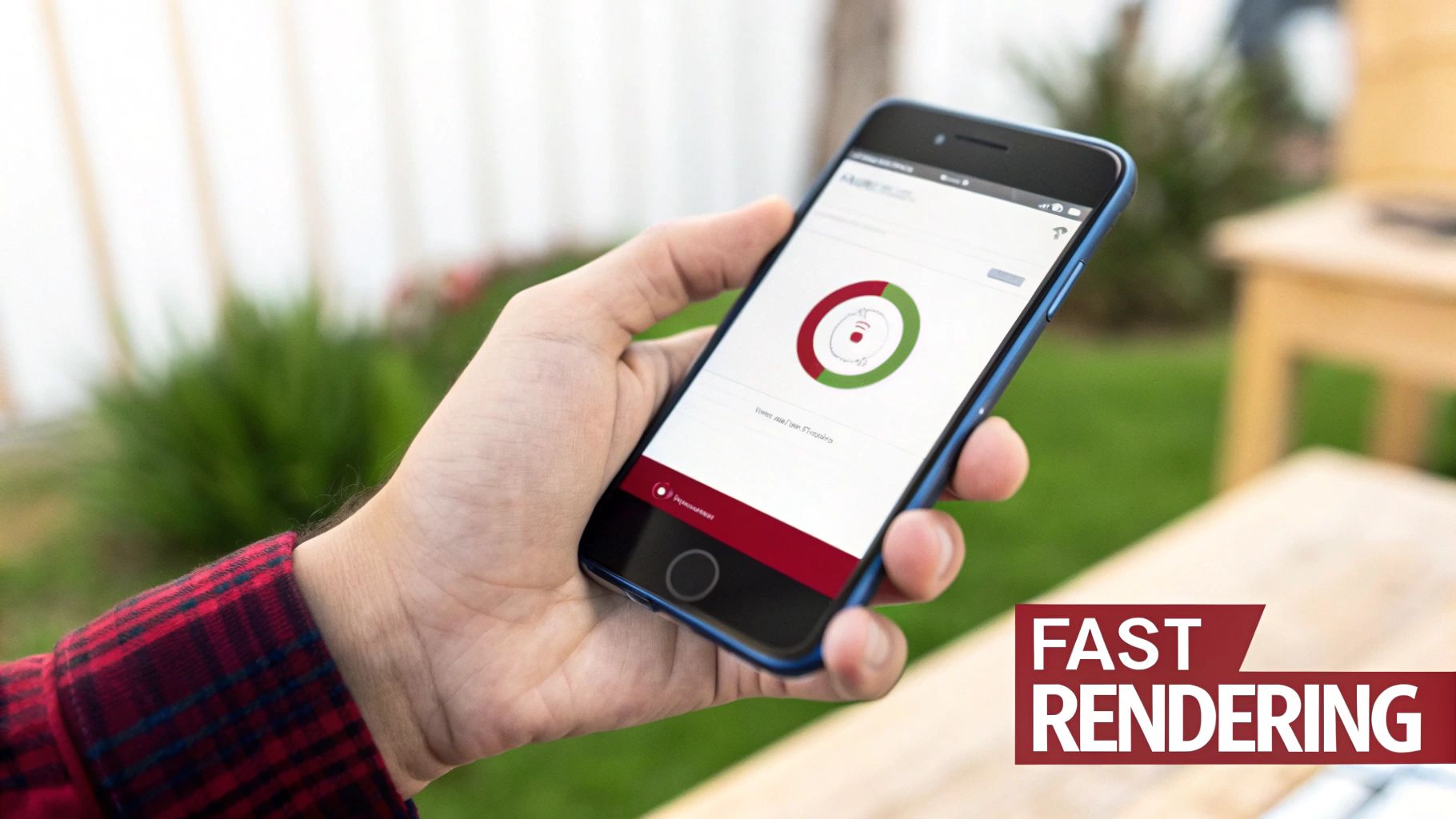 Close-up of a hand holding a blue smartphone outdoors, displaying an app with a circular data gauge.