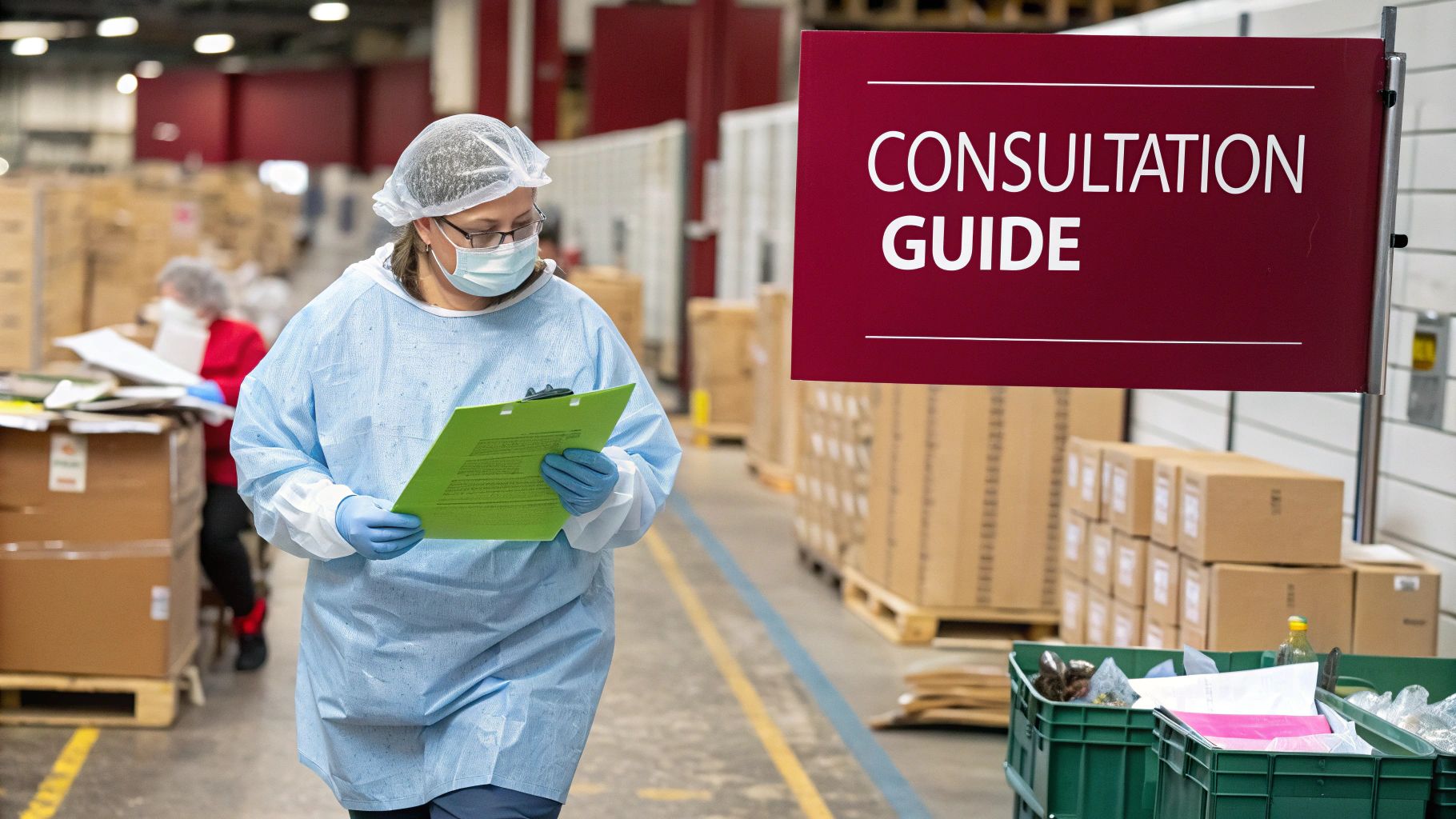 An occupational hygienist in professional attire discussing a report with a client in an office setting.