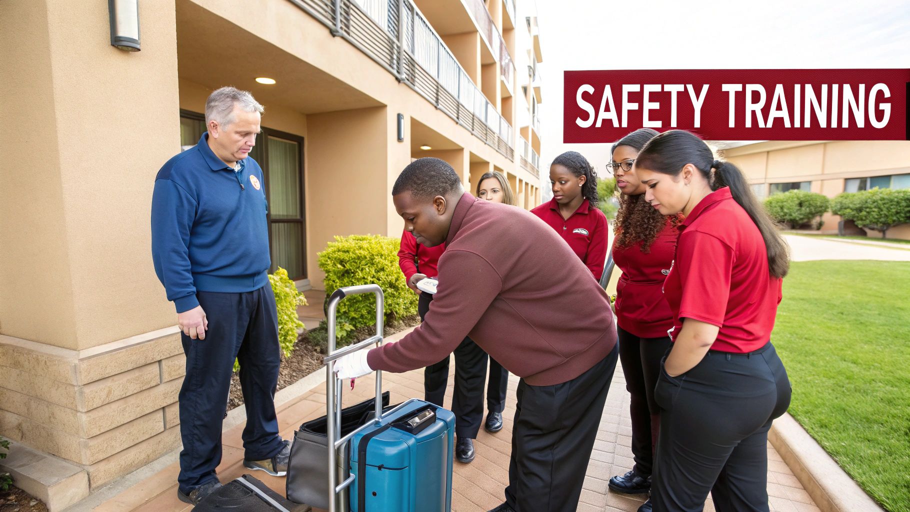A diverse group receives safety training for handling luggage at a hotel, led by an instructor.