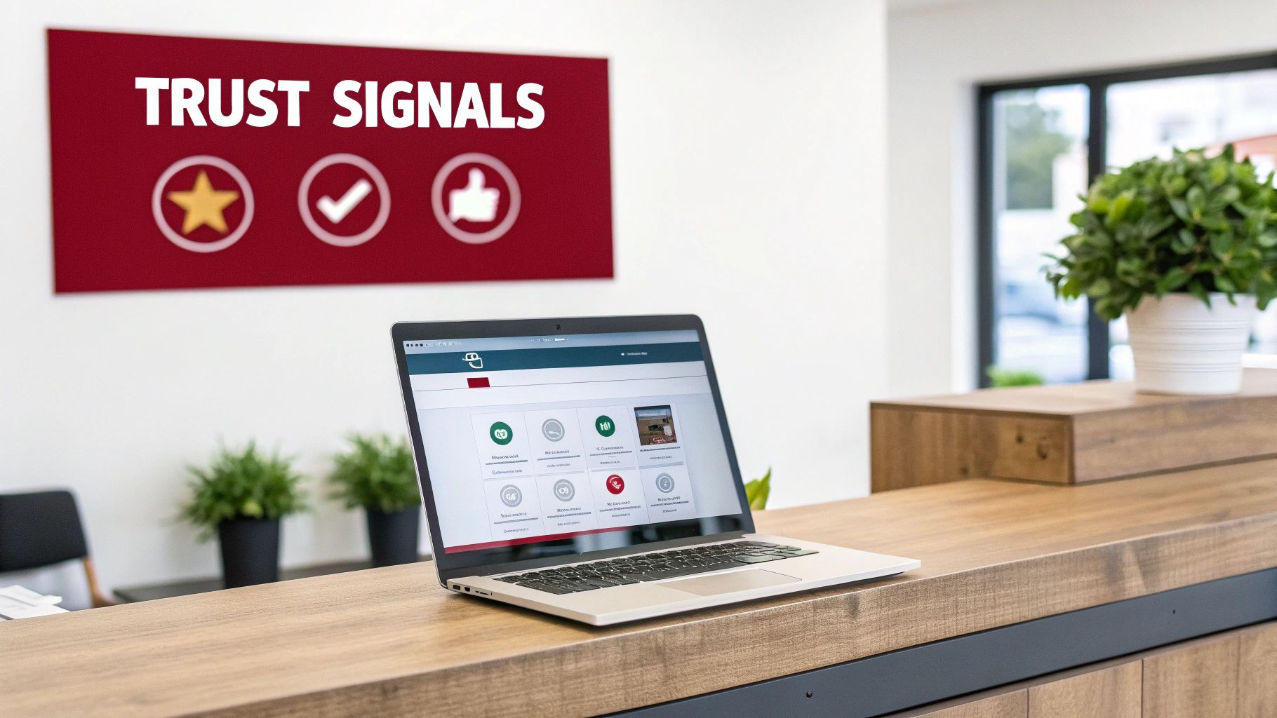 A laptop displaying a website on a wooden reception desk with a 'TRUST SIGNALS' sign.