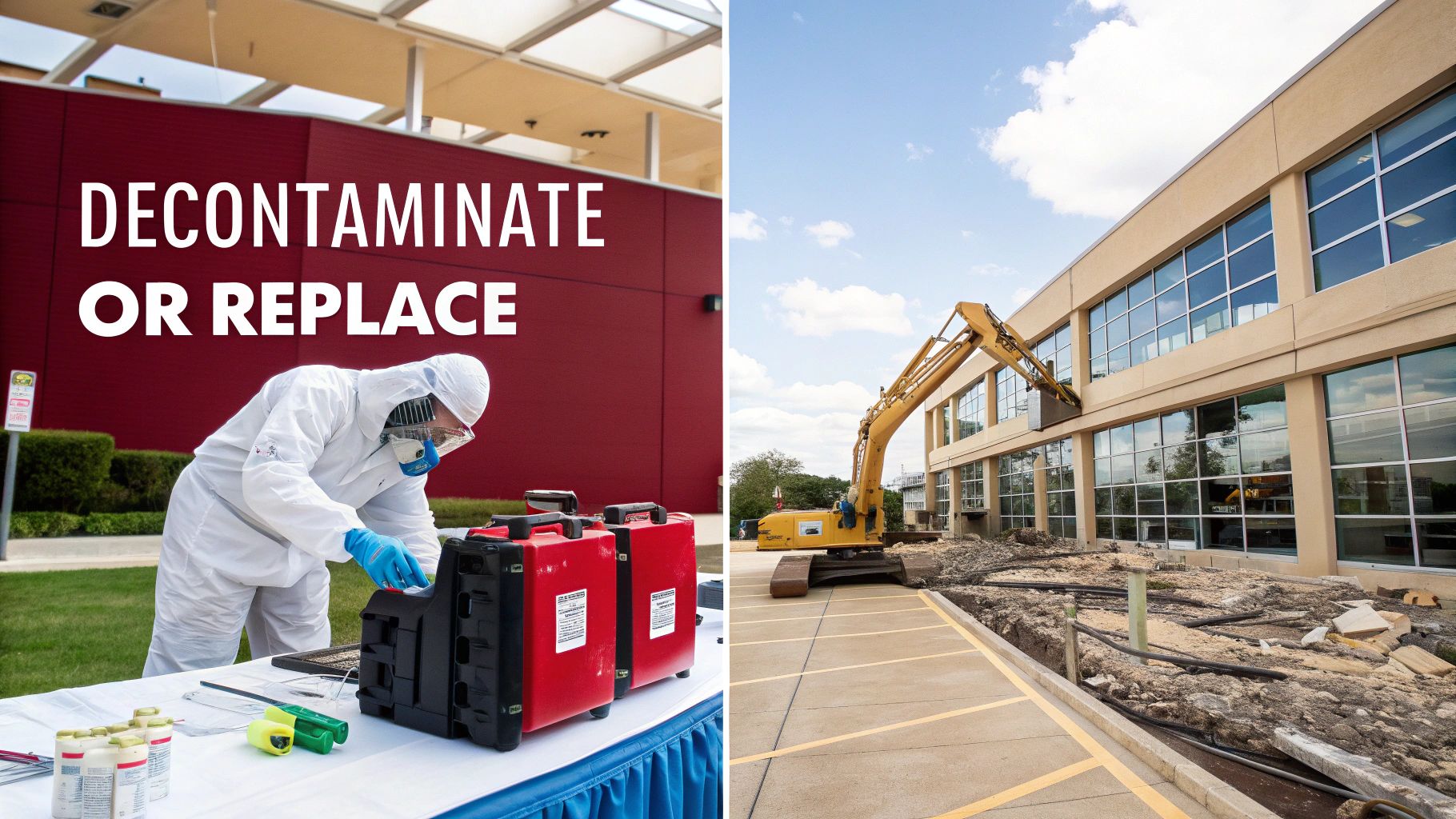 A hazmat worker and an excavator at a building site, illustrating the choice to decontaminate or replace.