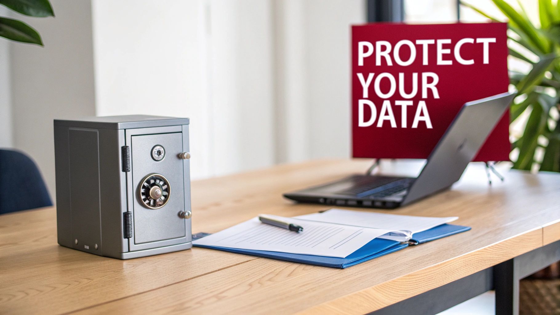 A safe and laptop displaying 'PROTECT YOUR DATA' on a wooden desk, symbolizing data security.