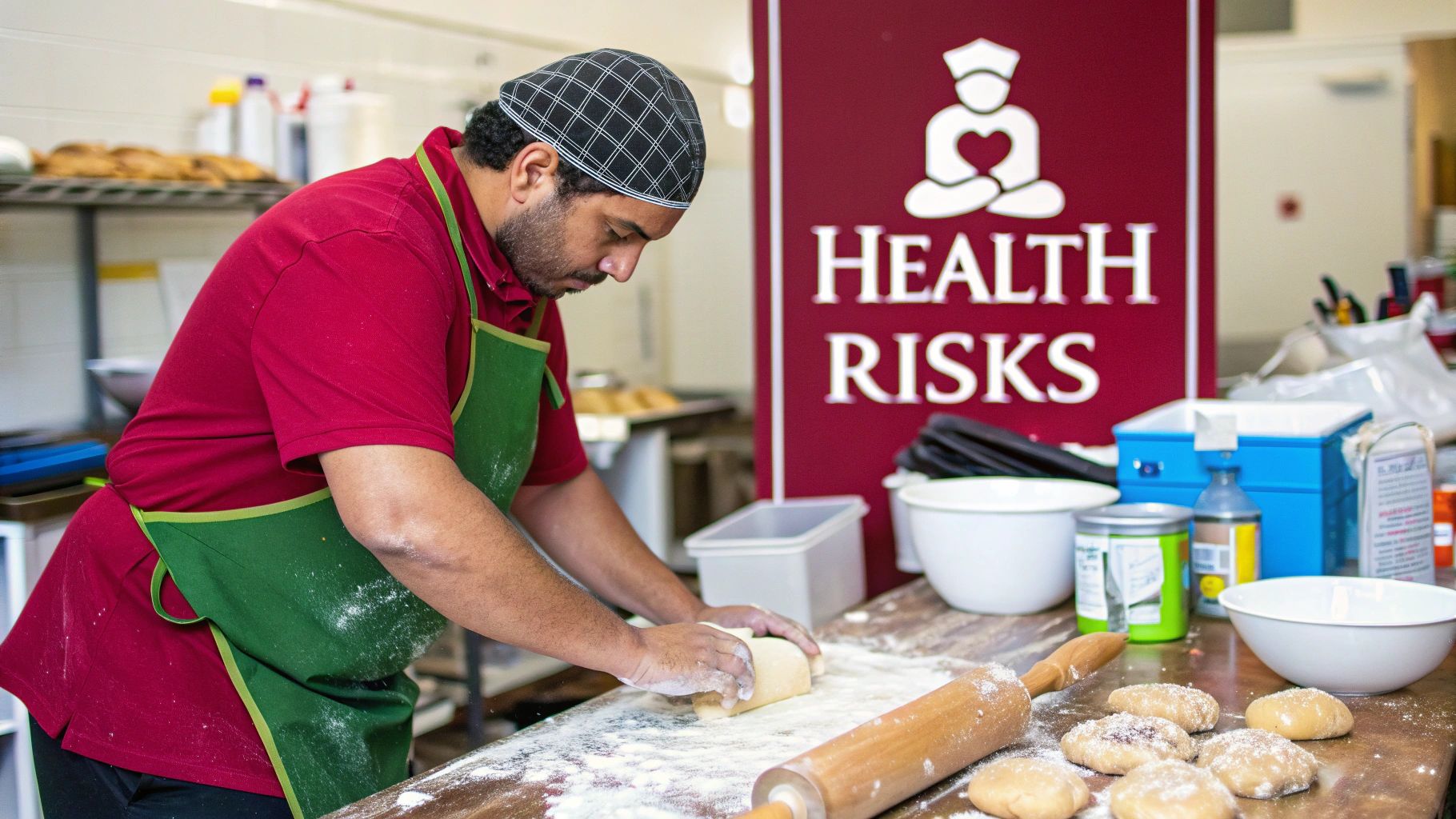 A baker working with flour, with dust visible in the air, highlighting the need for monitoring.