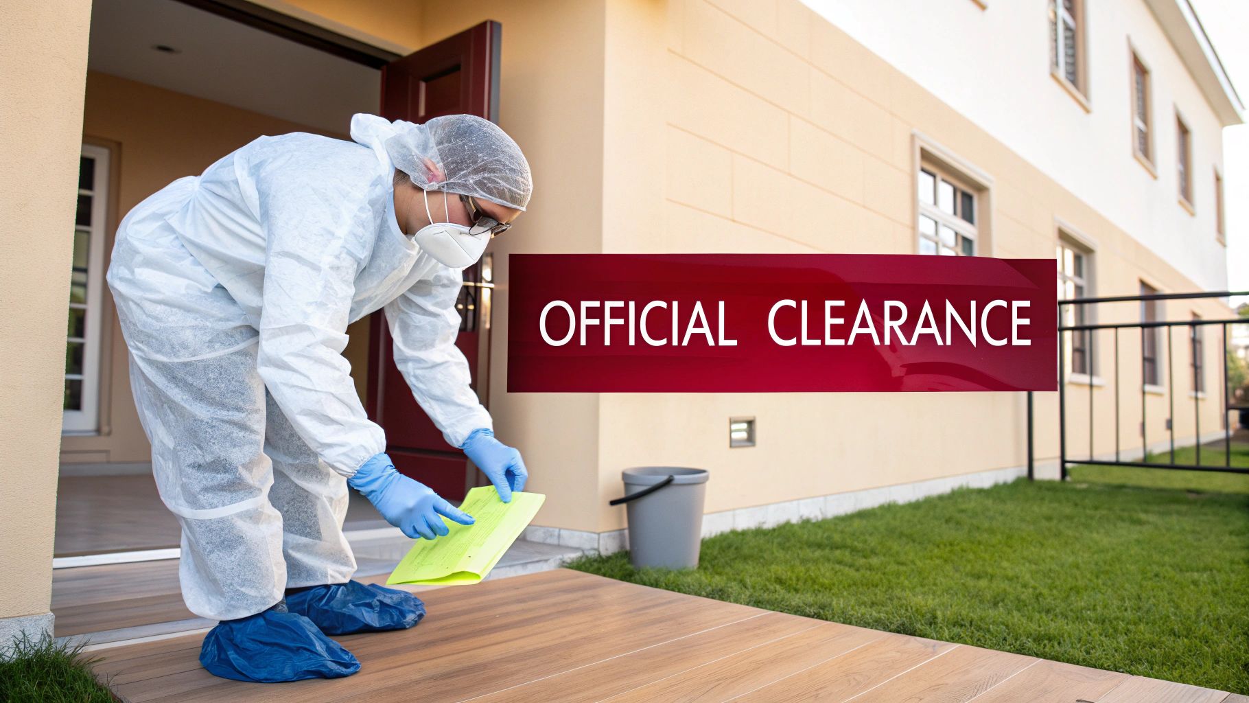 Person in protective suit, mask, and gloves inspecting documents on a property with an "OFFICIAL CLEARANCE" sign.