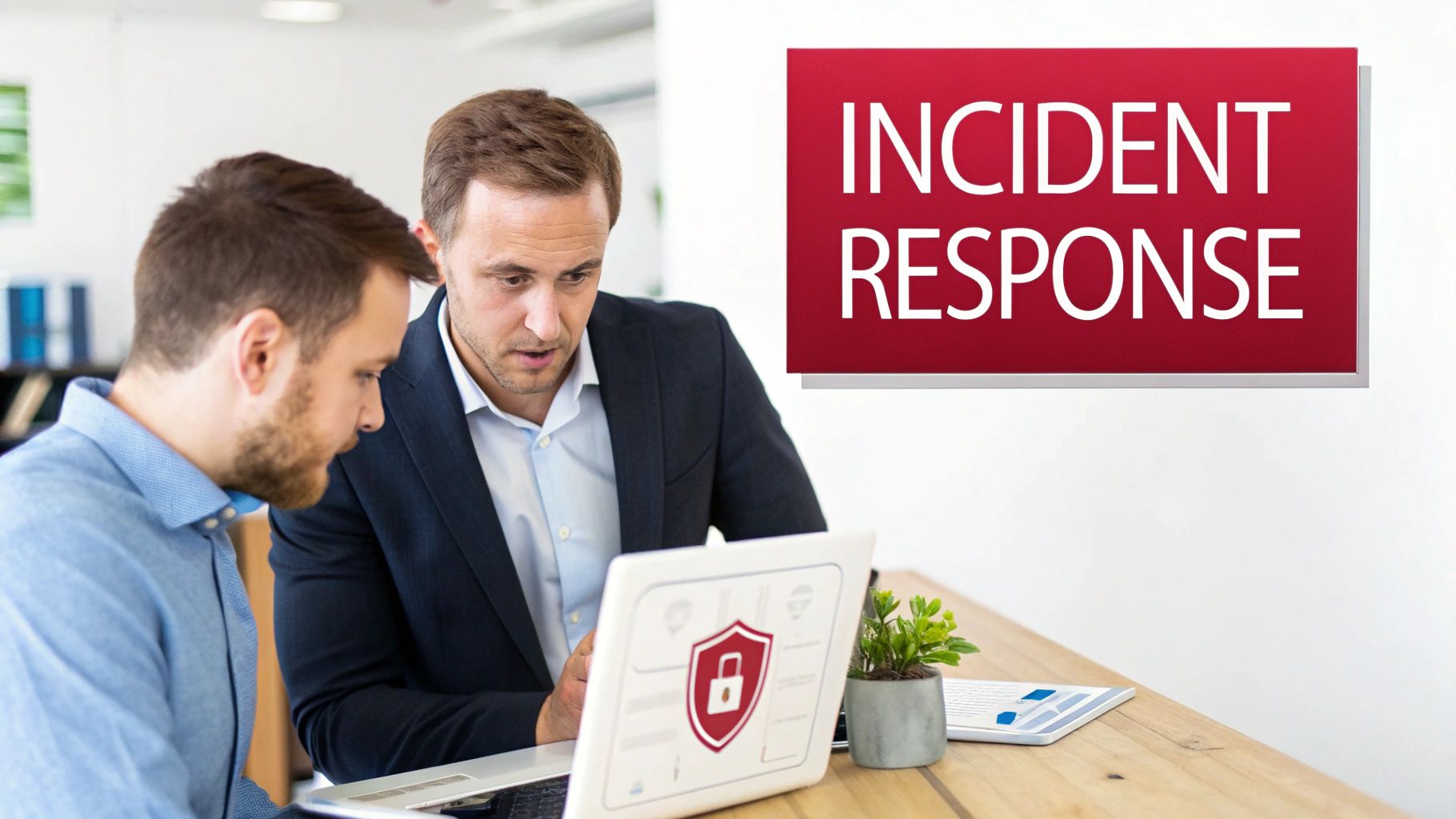 Two men discuss a security incident while looking at a laptop with a prominent 'Incident Response' sign.