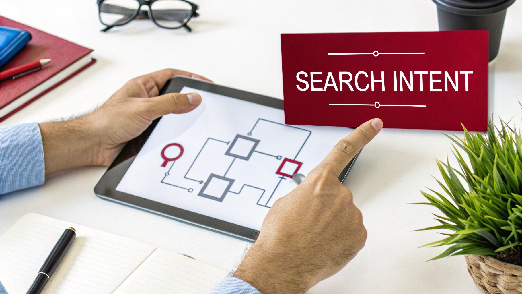 A person points to a 'SEARCH INTENT' sign while interacting with a digital flowchart on a tablet.