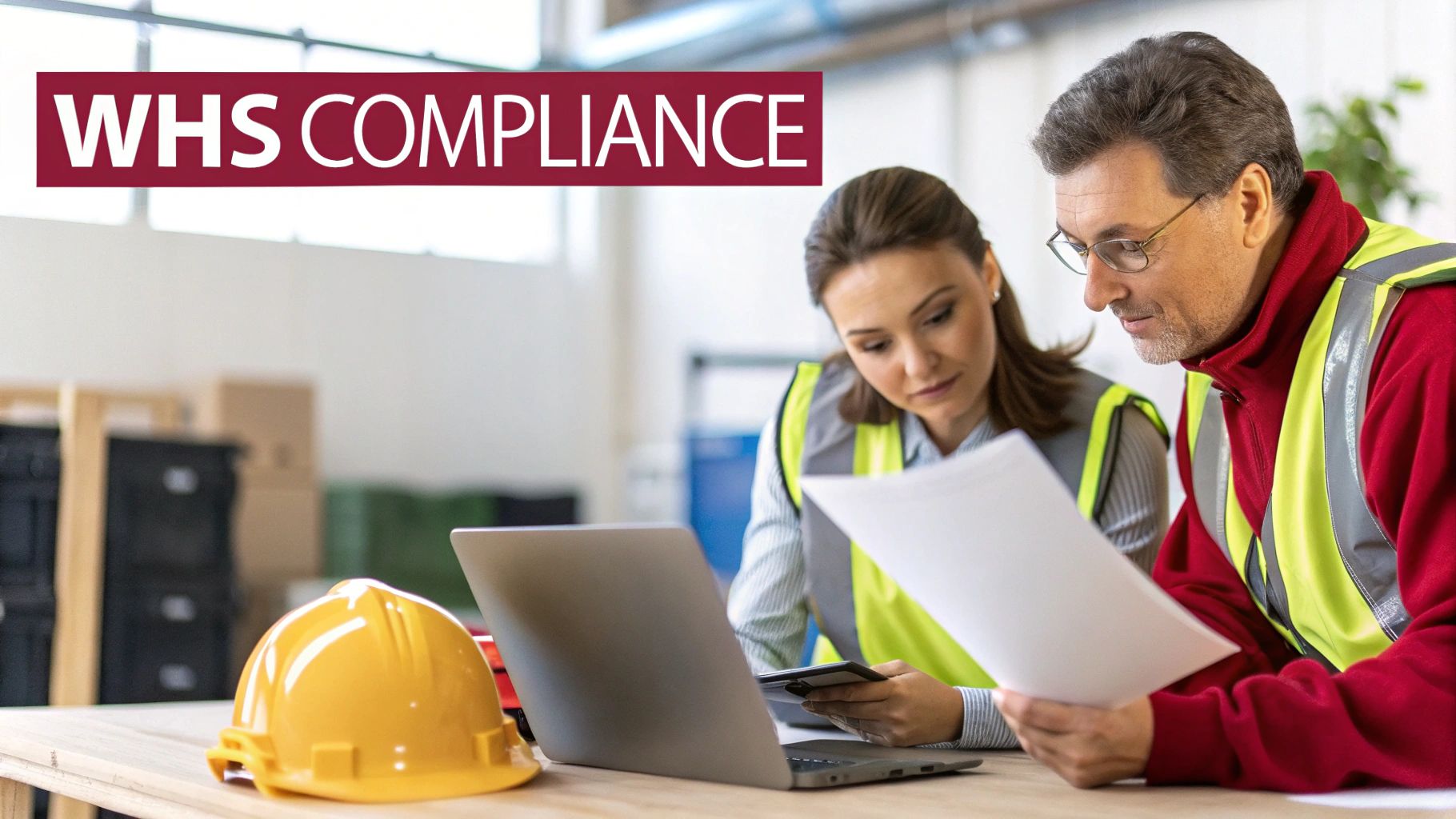 Two safety professionals in high-visibility vests reviewing WHS compliance documentation on laptop at workplace