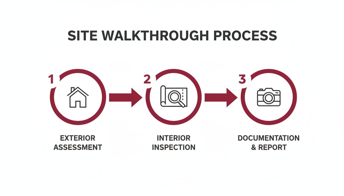 A three-step site walkthrough process diagram showing Exterior Assessment, Interior Inspection, and Documentation & Report.