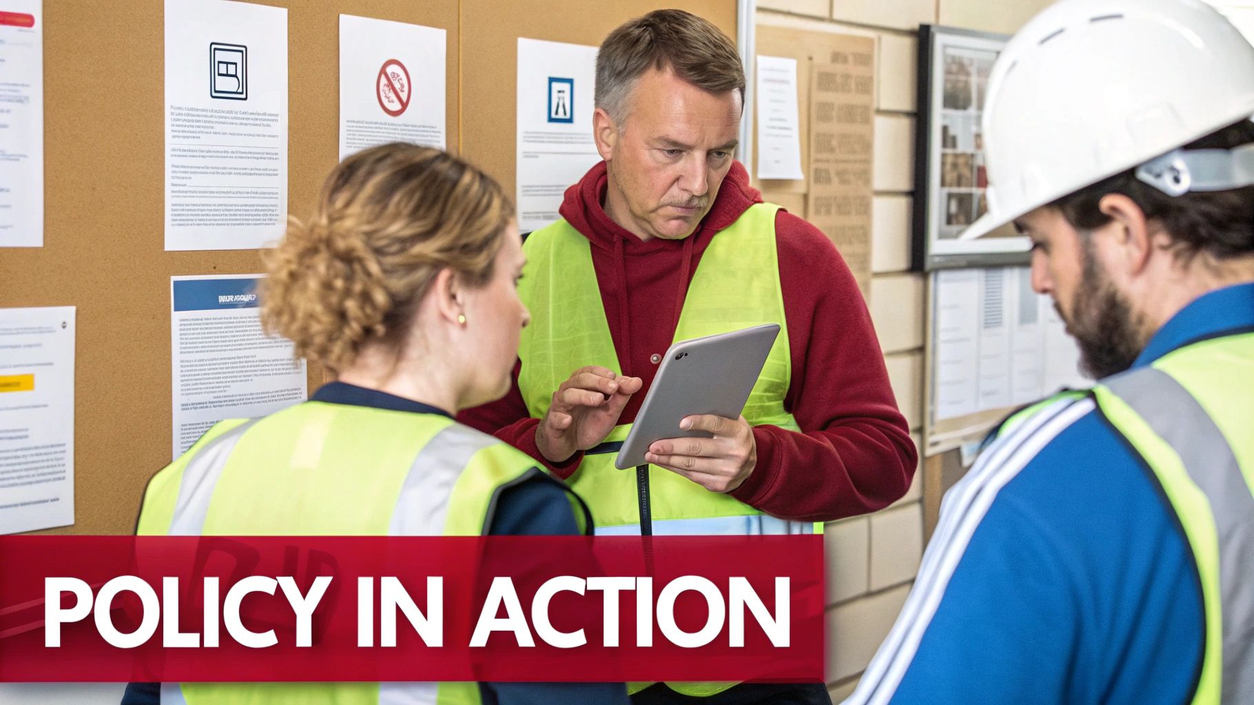 Workers in safety vests discuss policies on a tablet, with a safety bulletin board in the background.