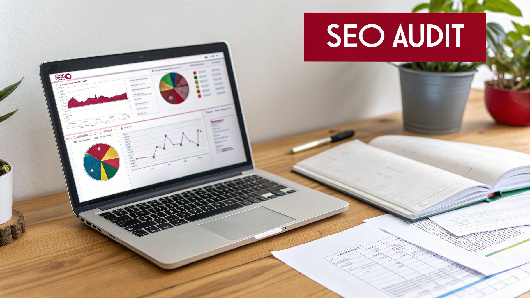 A laptop on a wooden desk displays an SEO audit dashboard with various charts and graphs.