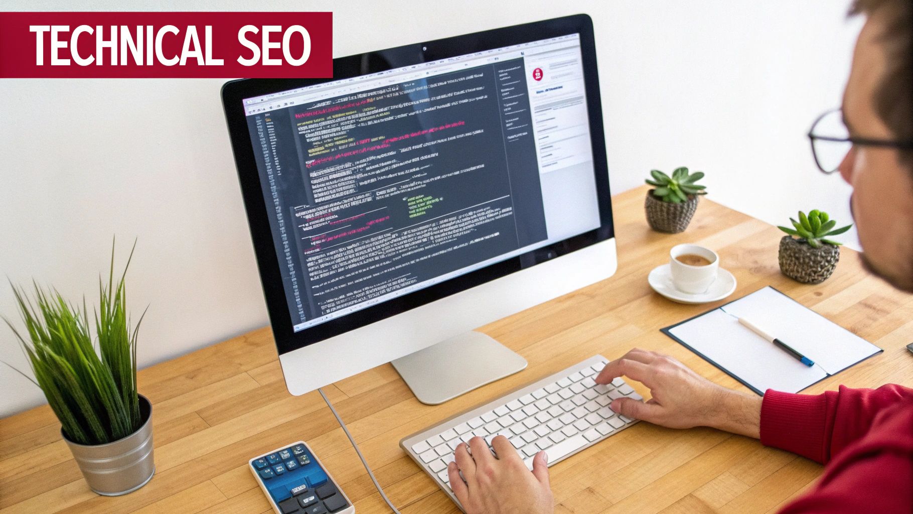 A person working on a desktop computer displaying code for technical SEO implementation and optimization.