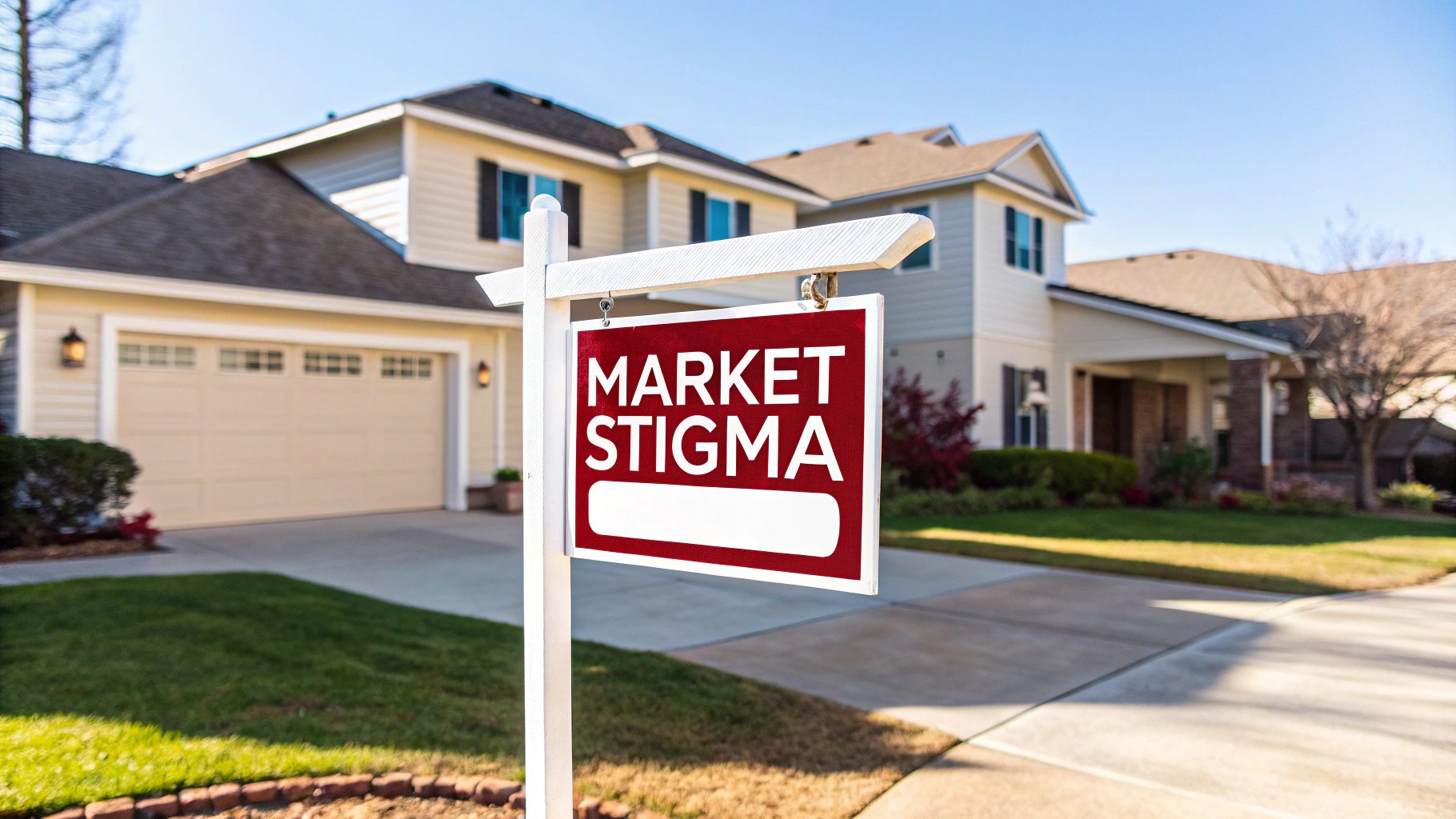 A red and white 'Market Stigma' sign stands on a lawn in front of a large suburban house.