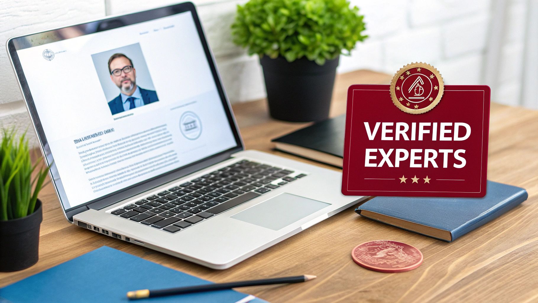 Laptop displaying a professional profile, with a 'Verified Experts' sign and desk items on a wooden table.