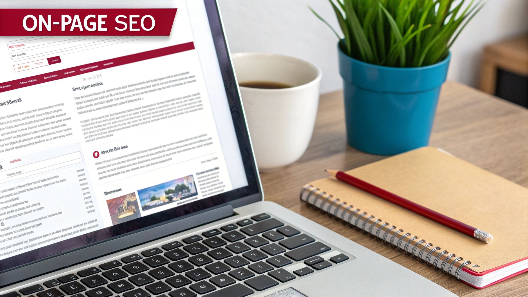Laptop displaying an 'ON-PAGE SEO' webpage, alongside coffee, a plant, and a notebook on a desk.