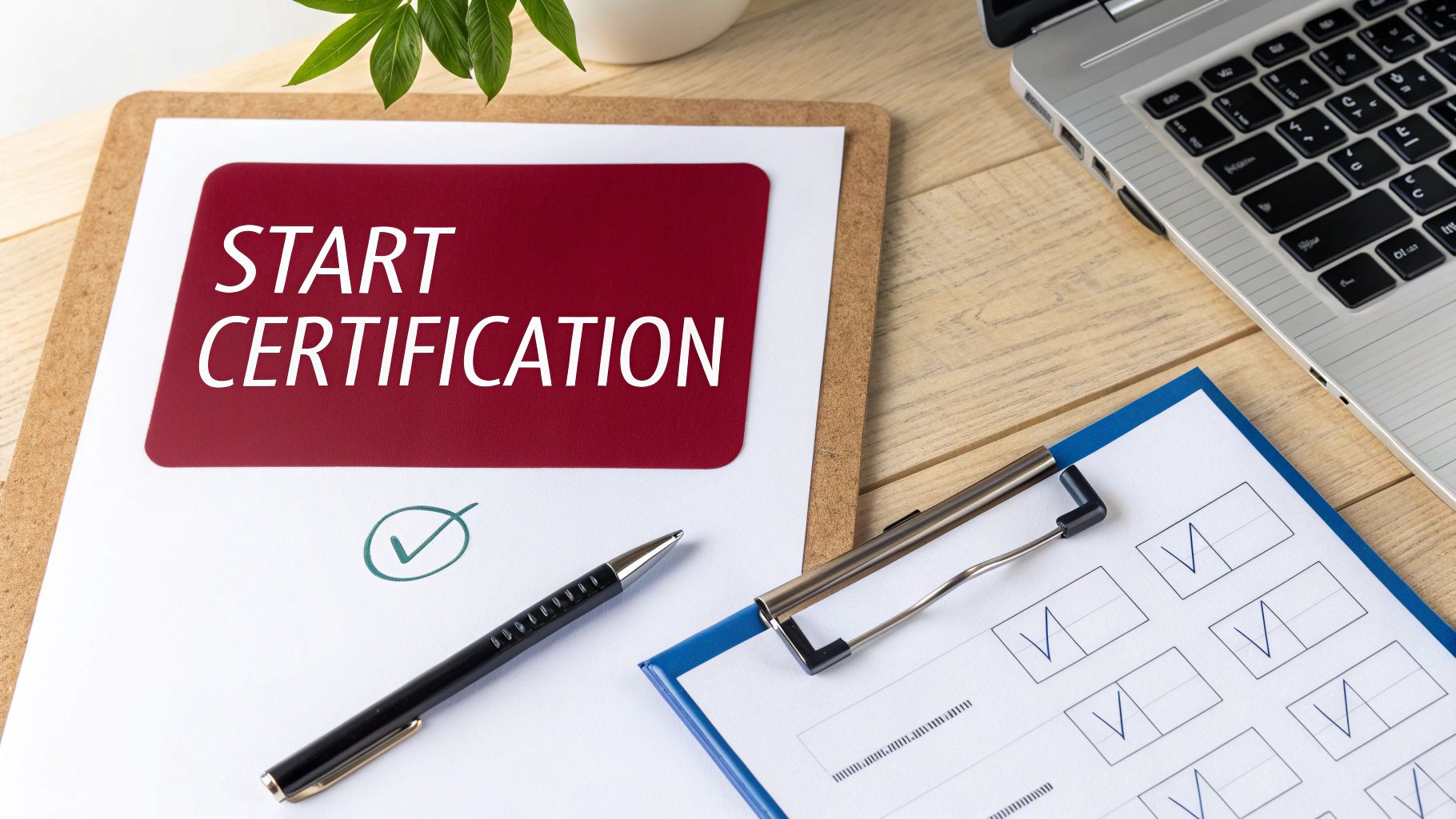 A desk with a 'START CERTIFICATION' document, pen, and a clipboard with checkmarks, indicating a compliance readiness process.