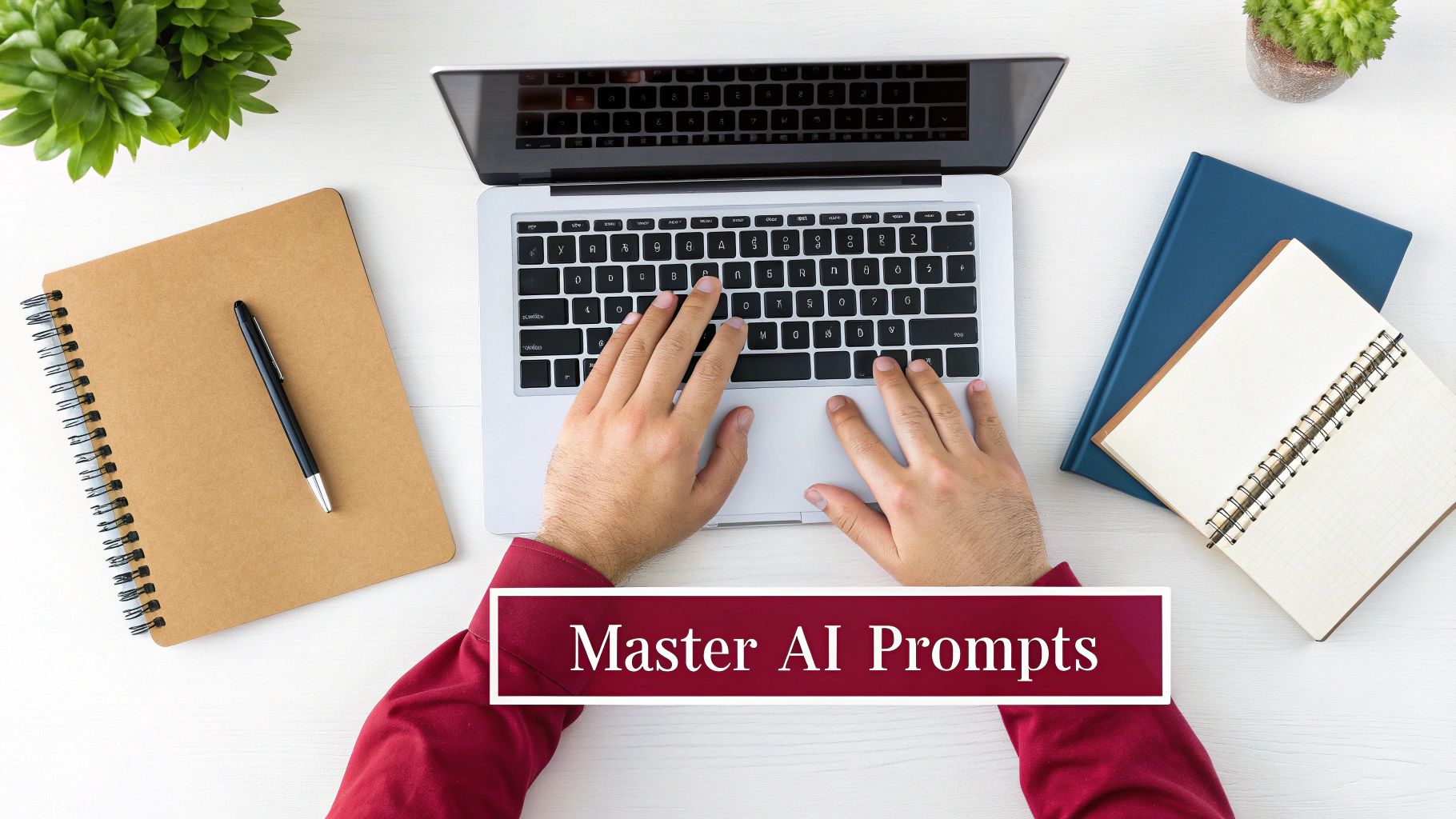 Top-down view of a person typing on a laptop, with notebooks, a plant, and a 'Master AI Prompts' banner.