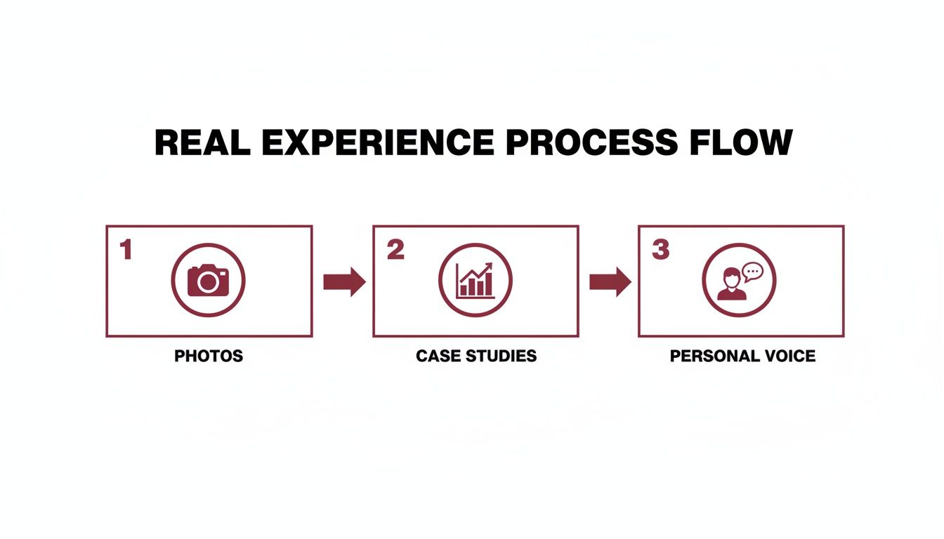 A three-step process flow illustrating real experience: photos, case studies, and personal voice.