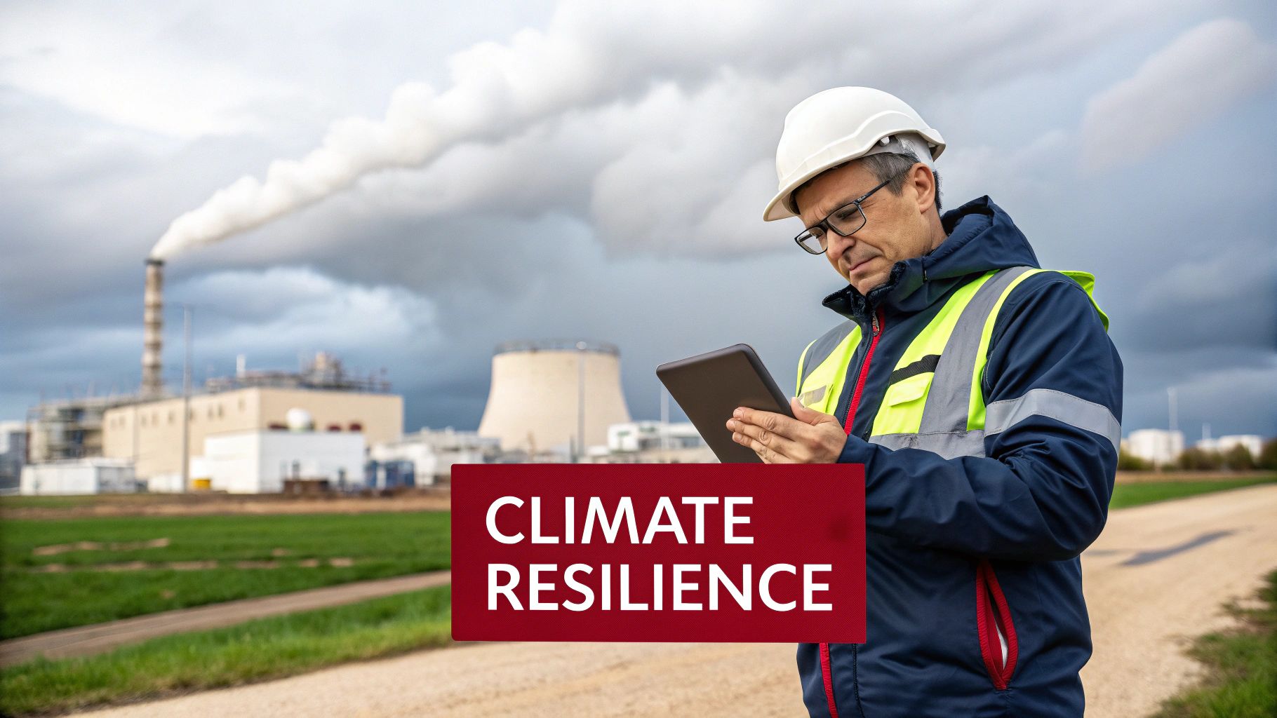 Industrial engineer with tablet conducting climate resilience assessment at power plant facility