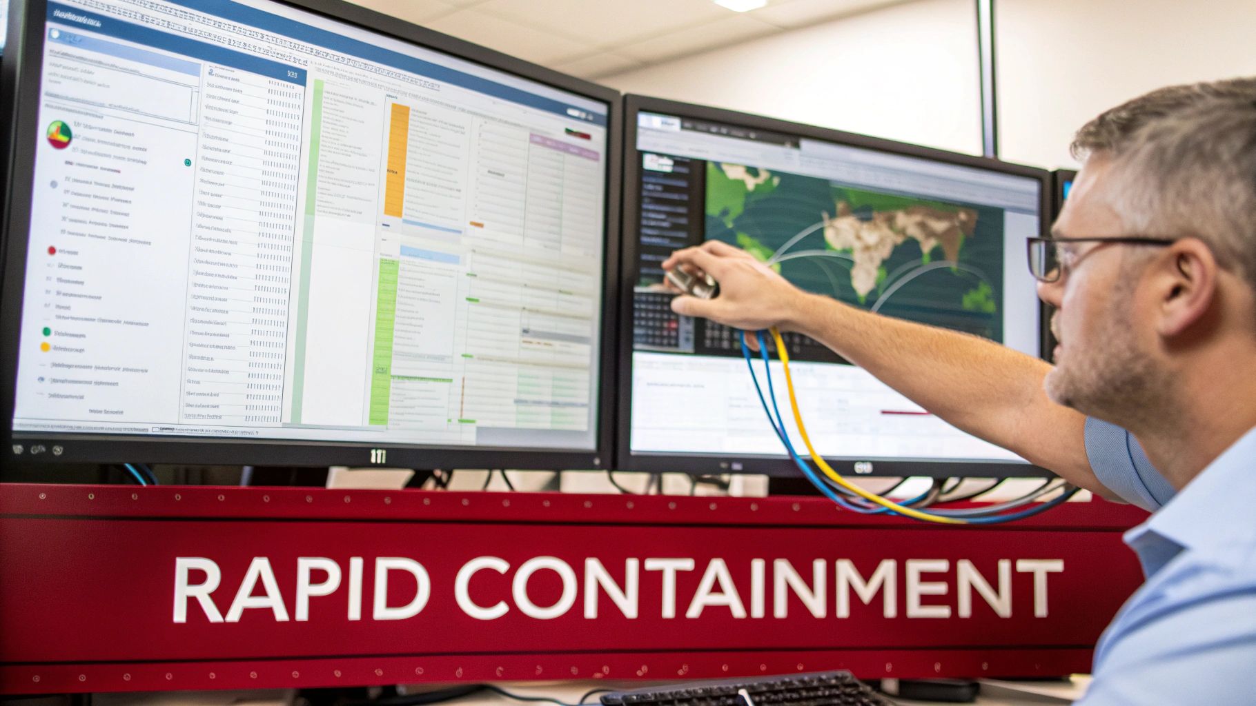IT professional pointing at computer monitors displaying rapid containment system for cybersecurity incident response