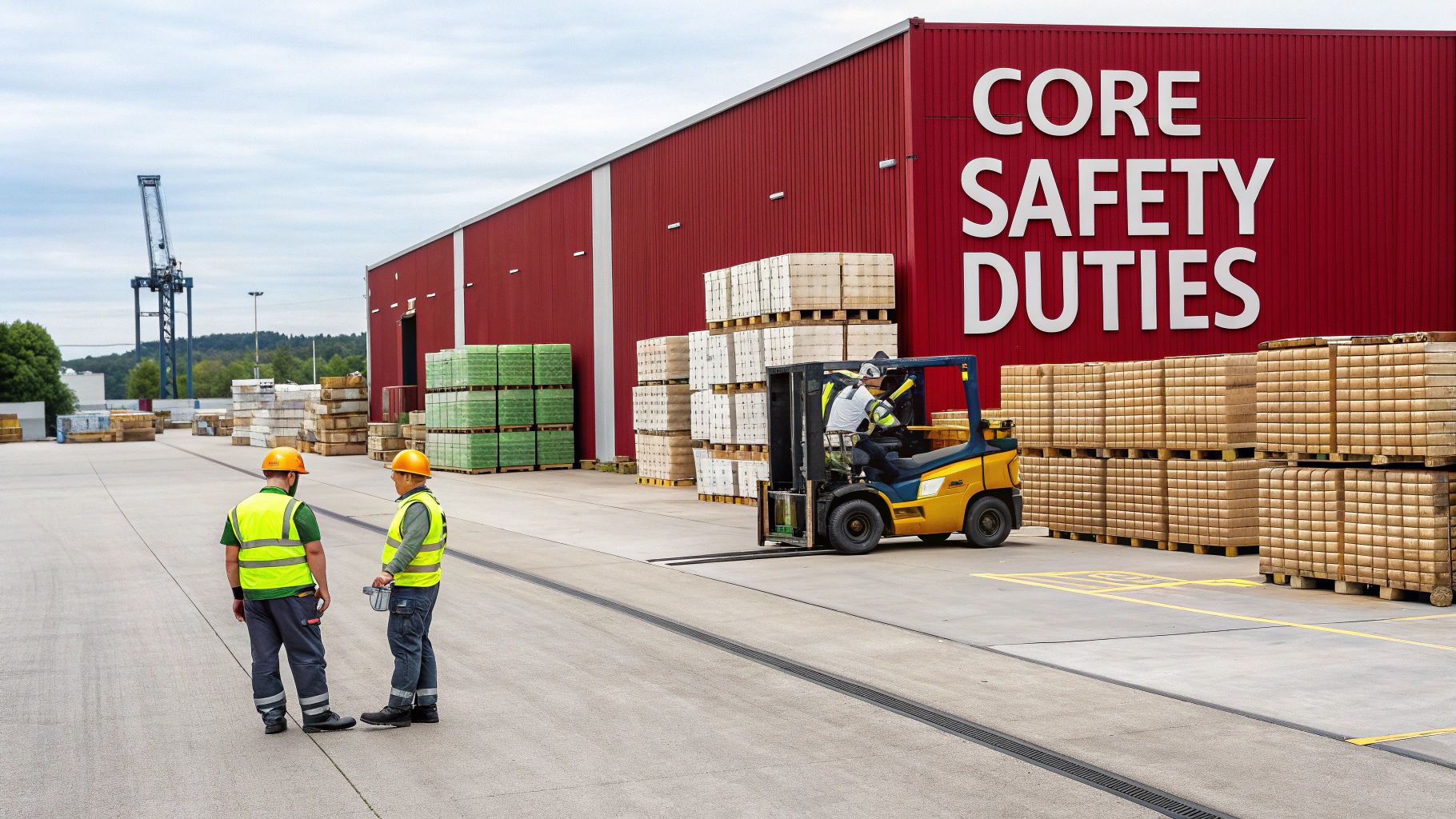 Workers in hard hats and vests with a forklift and stacked materials at an industrial site.