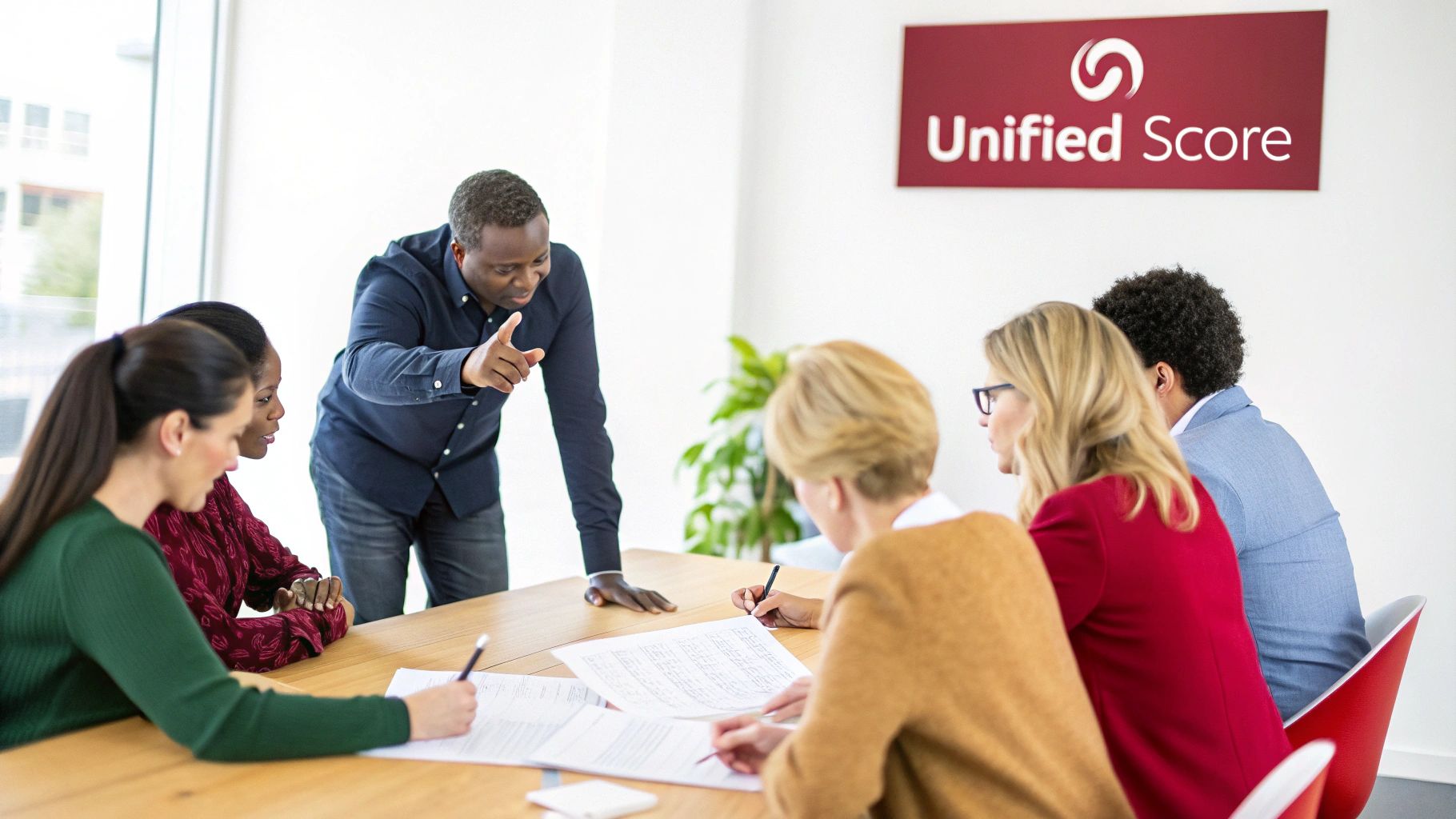 A team collaborating around a table, symbolizing an integrated management system