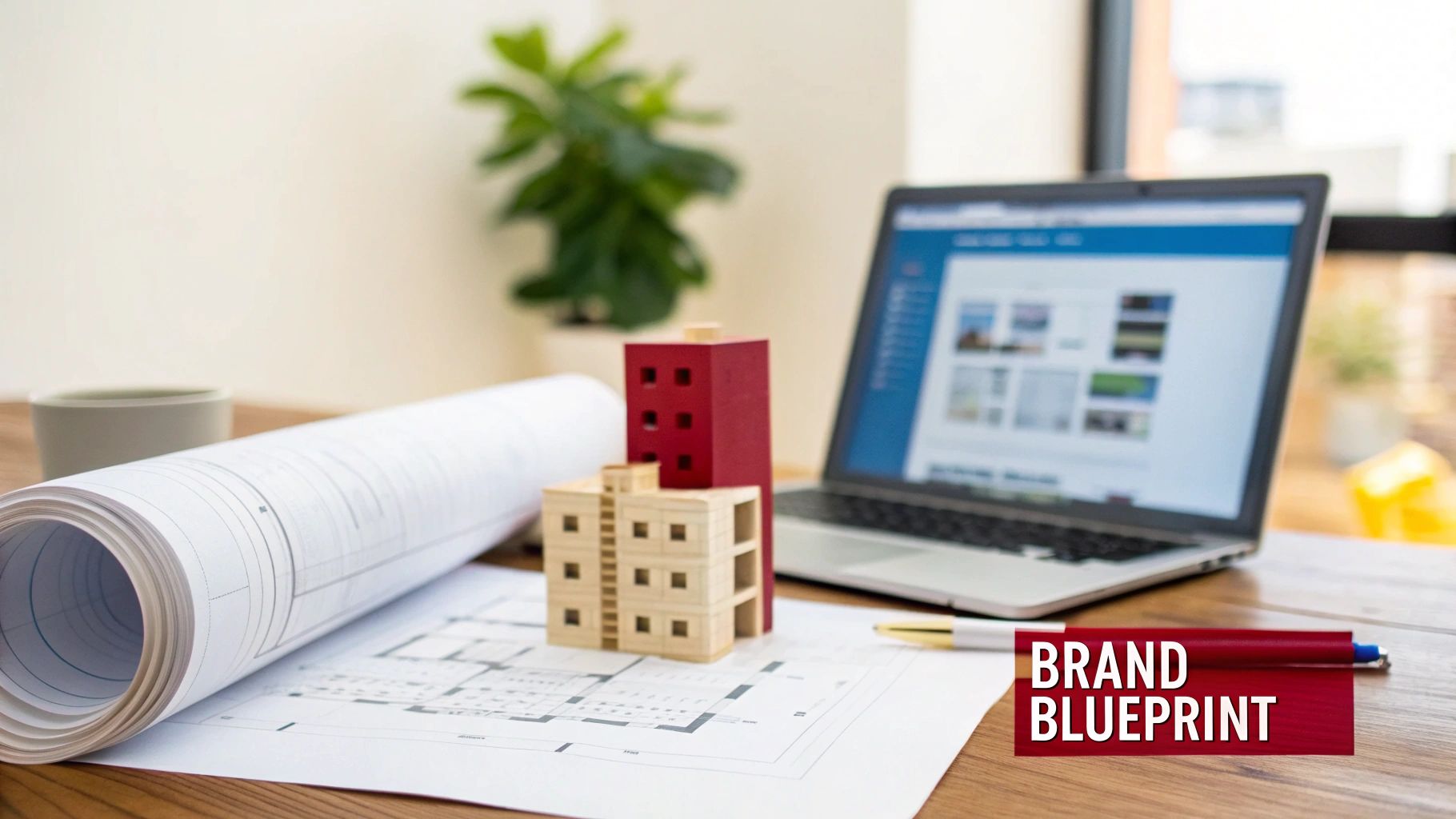 Architectural blueprints, building models, and a laptop on a desk with 'BRAND BLUEPRINT' overlay.