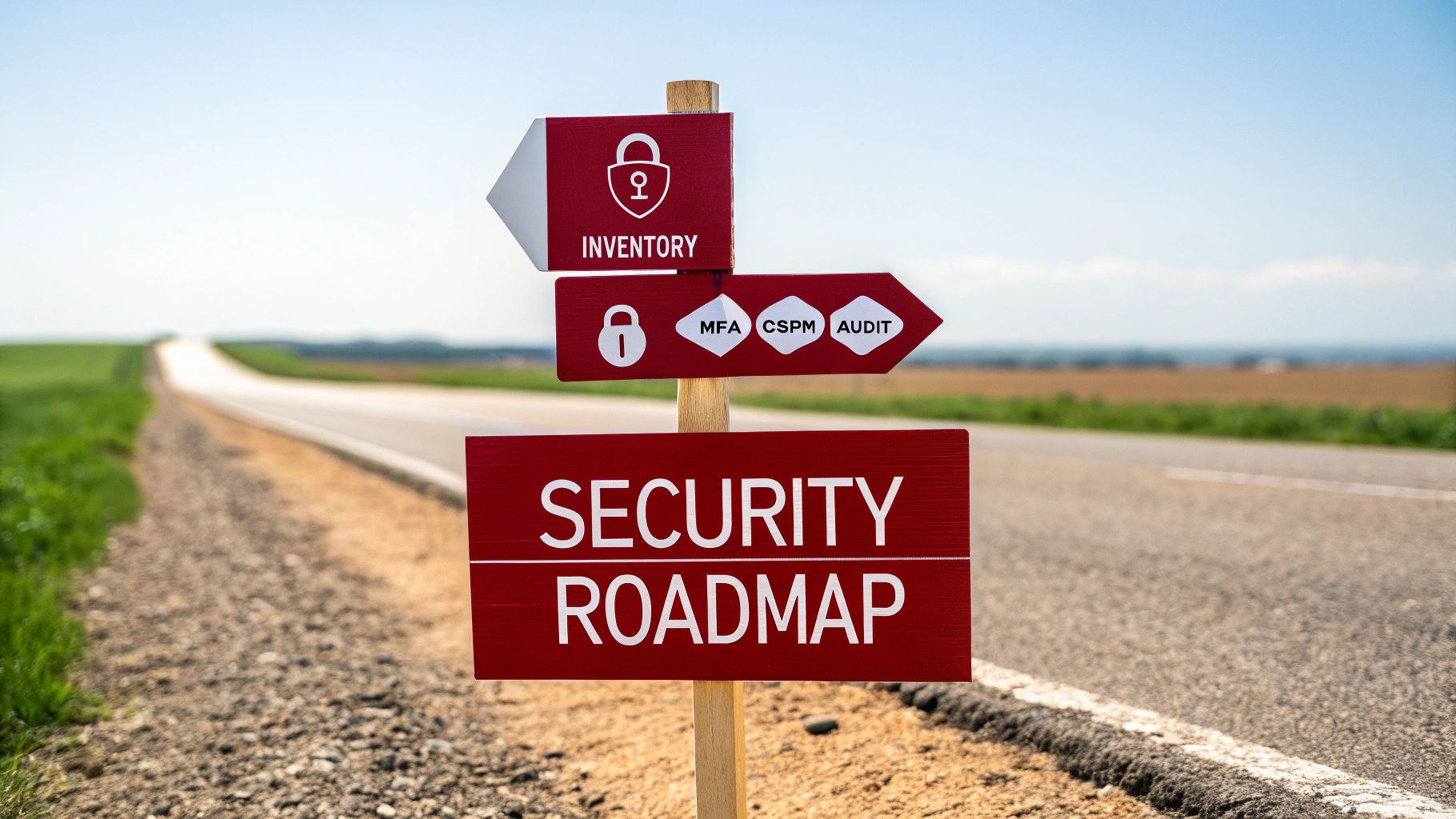 A red security roadmap signpost on a rural road, pointing towards inventory, MFA, CSPM, and audit.