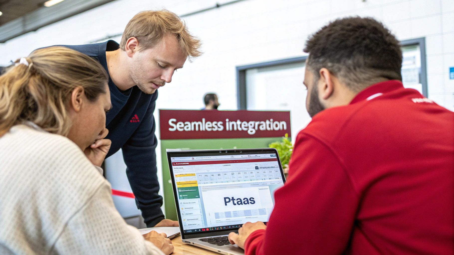 Three people collaborate, looking at a laptop displaying 'Ptaas' and 'Seamless integration' in the background.
