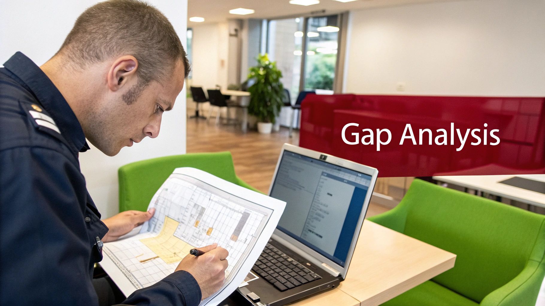 A focused man in uniform reviews technical documents and a laptop for gap analysis.