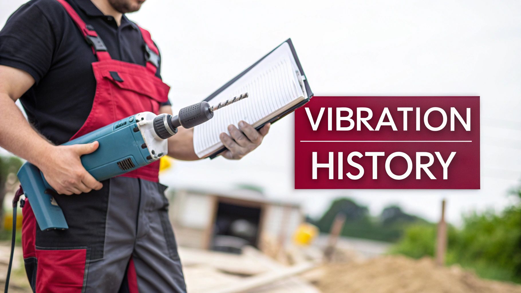 A worker holds a large drill and a clipboard, with a red overlay stating "VIBRATION HISTORY".