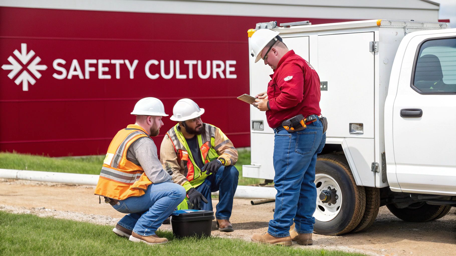 Three utility workers in hard hats and vests discussing safety culture near a truck.