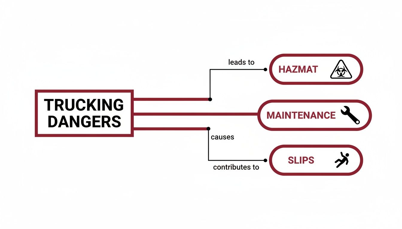 An infographic illustrating trucking dangers including hazmat, maintenance issues, and slips, trips, and falls.