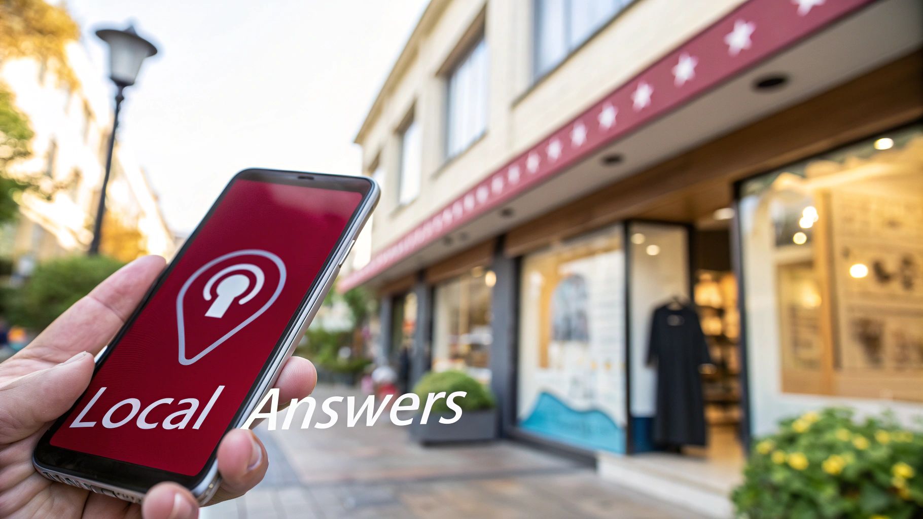 A hand holds a smartphone displaying a 'Local Answers' app in front of a blurred street scene with a building.