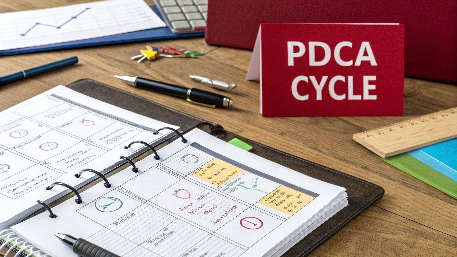 A cyclical diagram of the Plan-Do-Check-Act (PDCA) model, showing it as a continuous improvement engine.