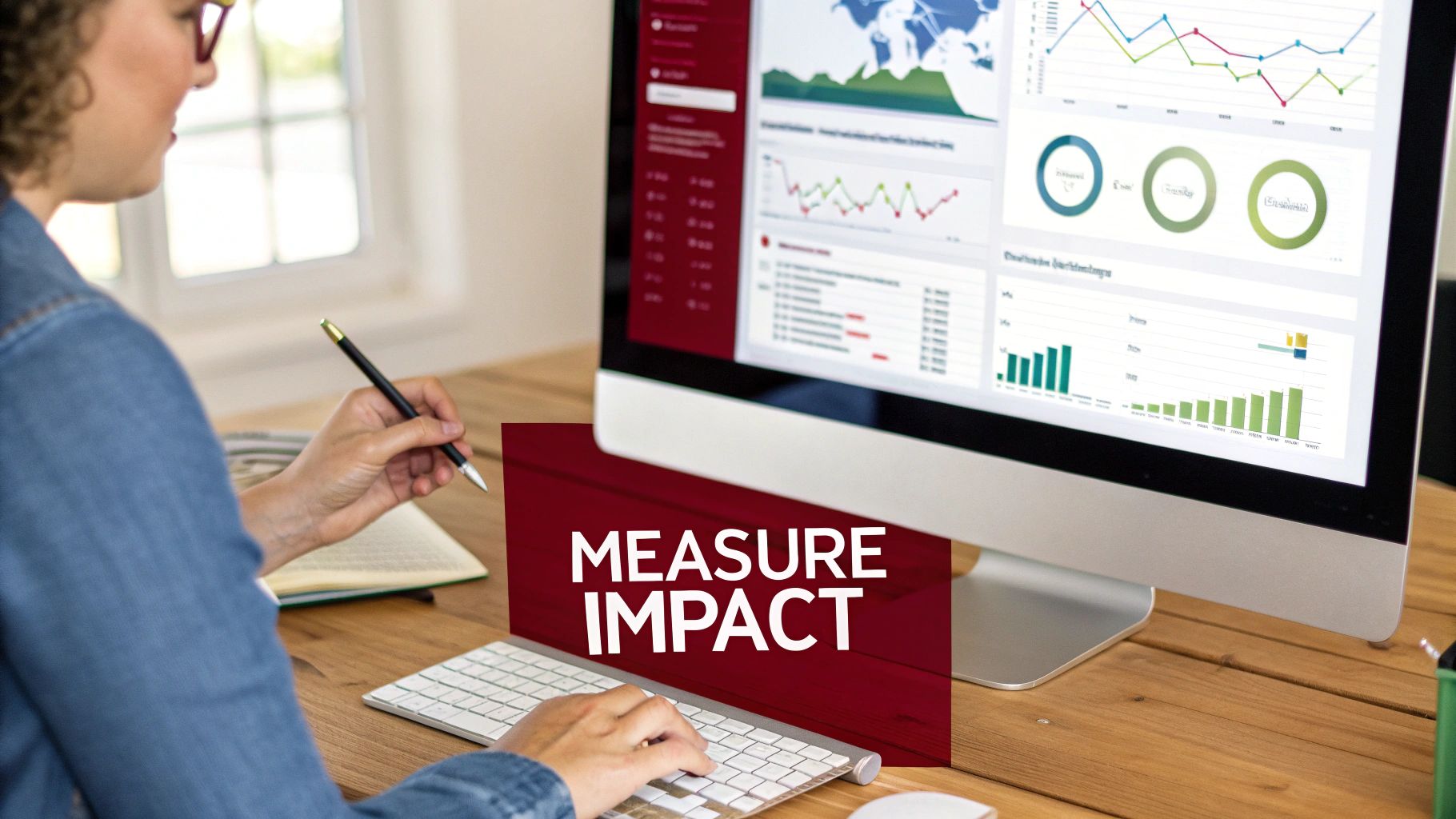 A person works on a desktop computer showing data analytics dashboards, holding a pen, with 'MEASURE IMPACT' text.