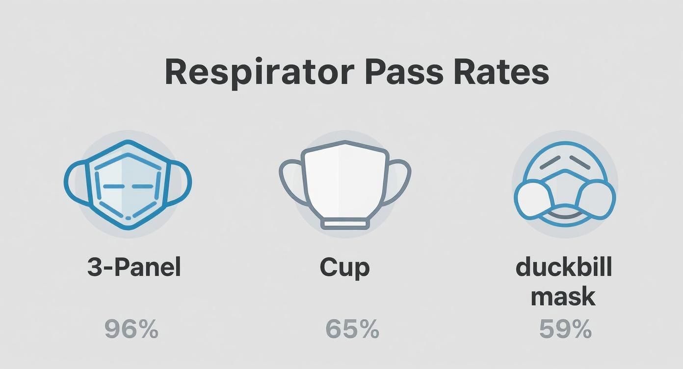 Infographic showing the fit test pass rates for different mask types: 3-Panel at 96%, Cup at 65%, and Duckbill at 59%