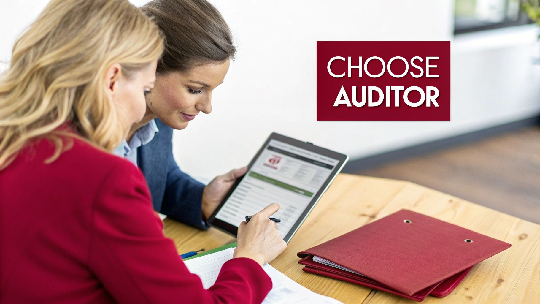 A professional auditor reviewing documents with a business manager in a modern Melbourne office setting.