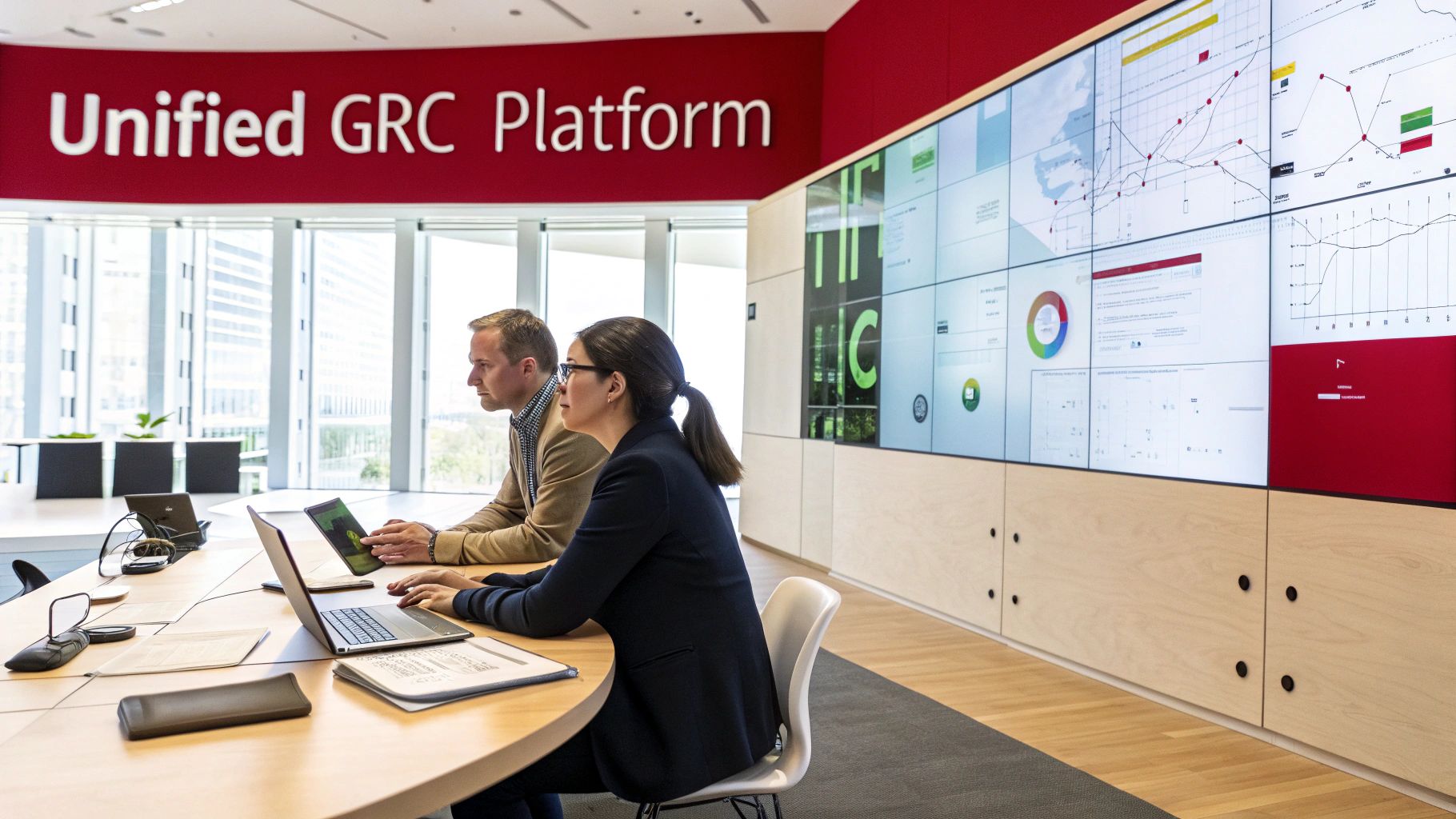 Two professionals work on laptops in a modern office with a large 'Unified GRC Platform' data screen.