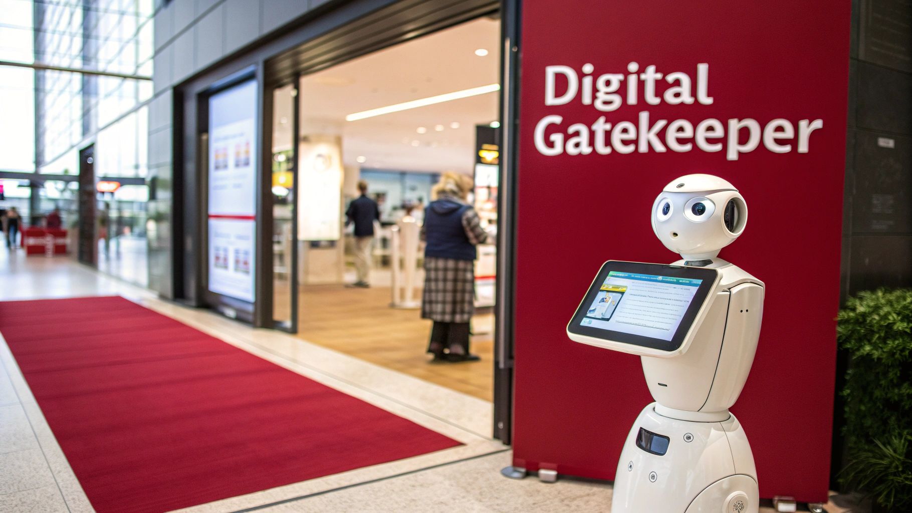 A white Pepper robot with a tablet stands next to a red 'Digital Gatekeeper' sign at a store entrance with a red carpet.