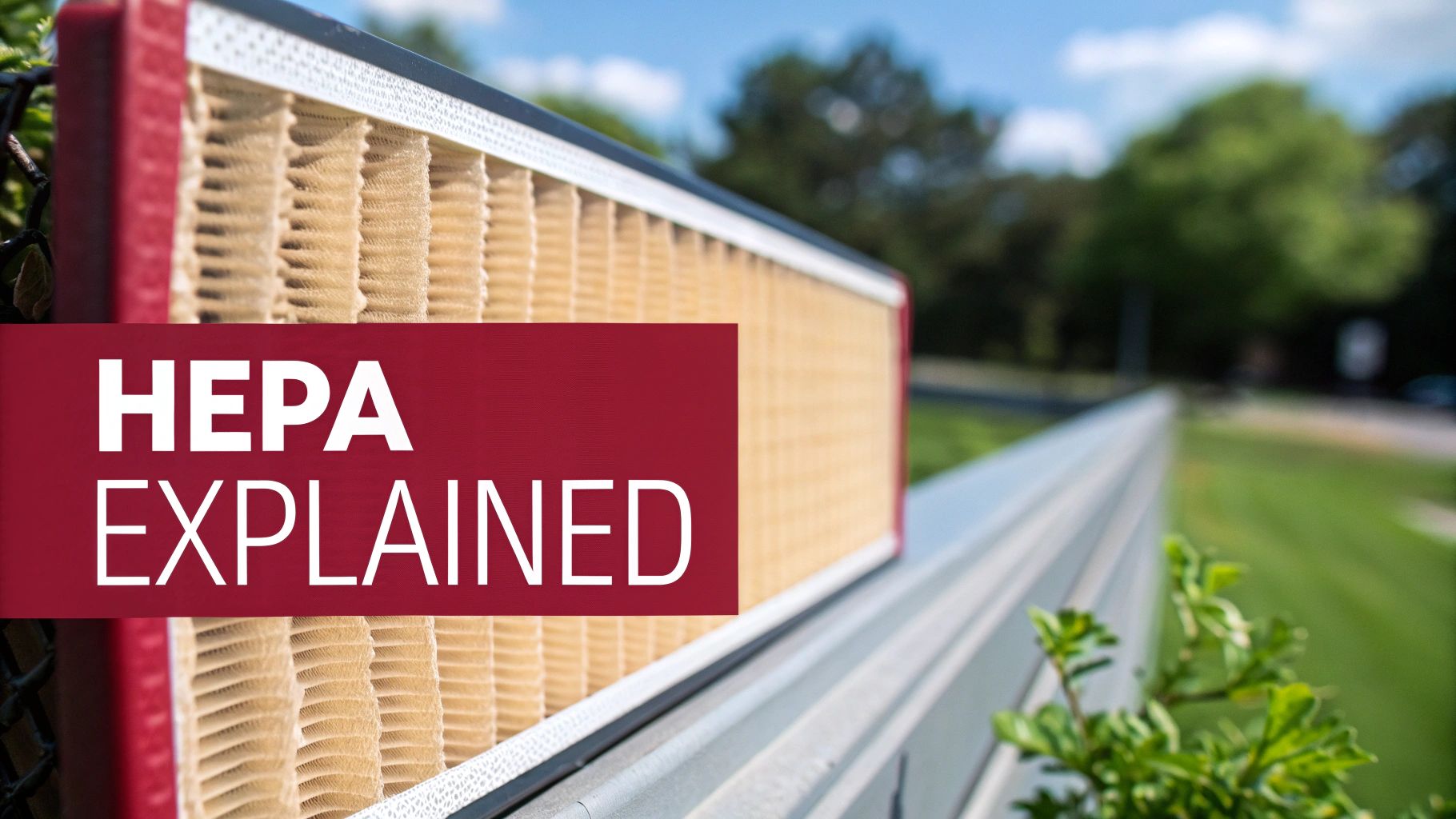 A close-up of a used HEPA filter with the text 'HEPA EXPLAINED' on a red banner.