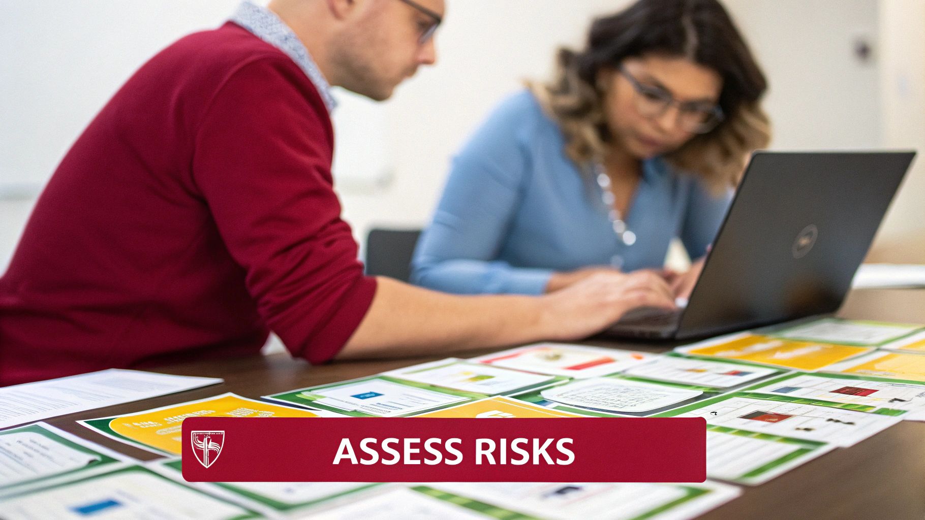 A team collaborates around a table with documents and a laptop, illustrating the process of implementing security controls.